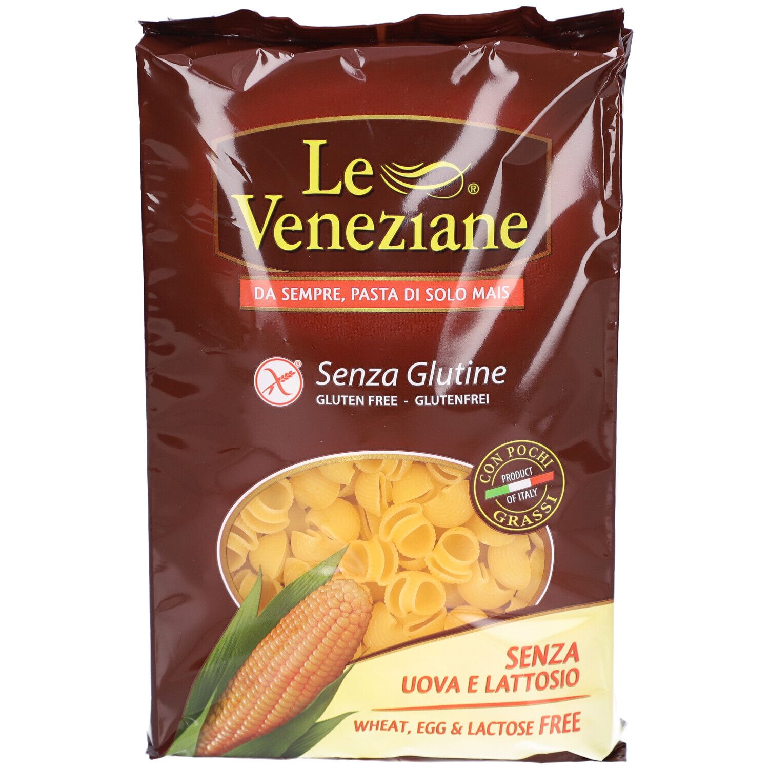 Verpackung mit glutenfreien Mais-Nudeln. Aufdrucke: Le Veneziane, Senza Glutine, Maiskolben-Illustration.