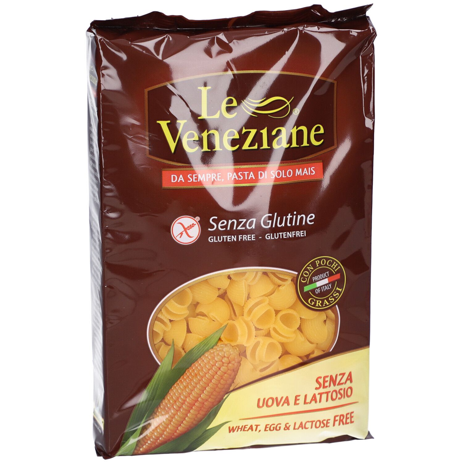 Verpackung mit glutenfreien Mais-Nudeln. Aufdrucke: Le Veneziane, Senza Glutine, Maiskolben-Illustration.