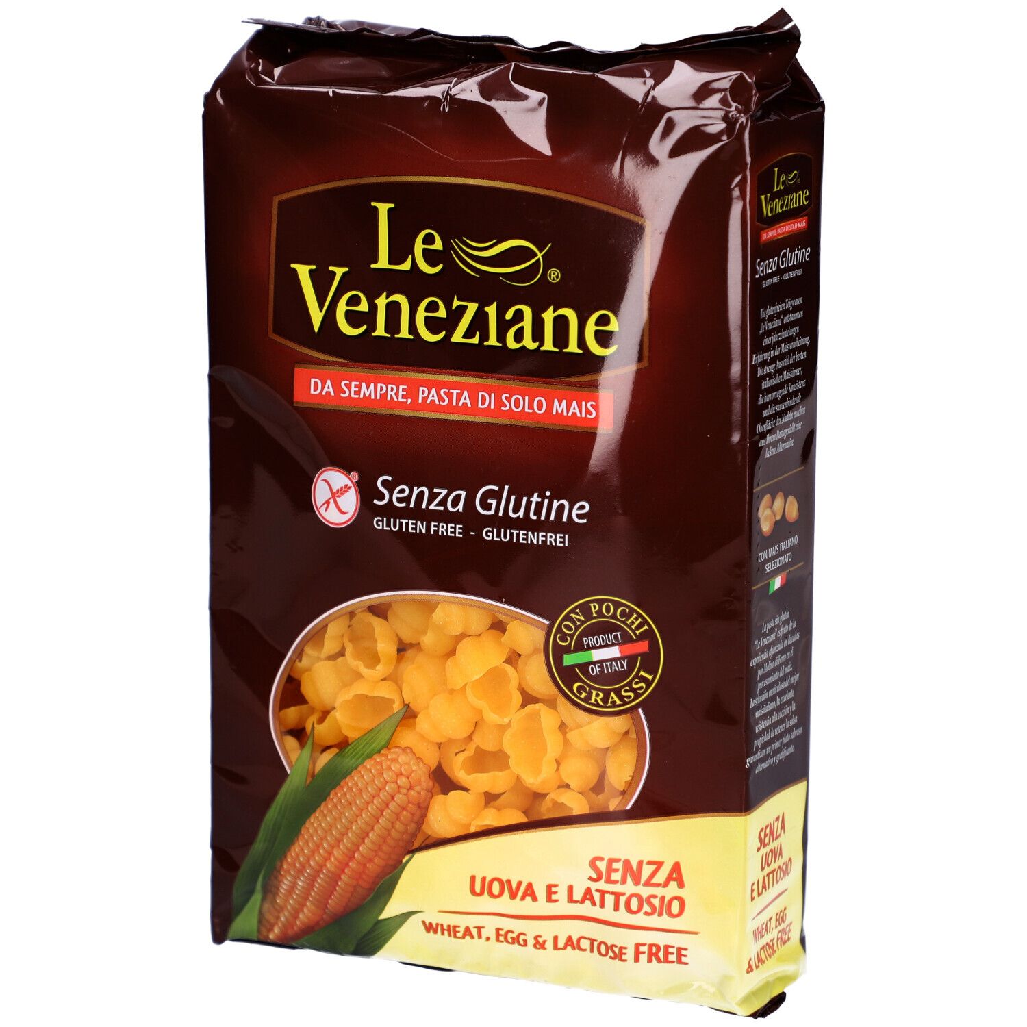 Paquet de LE VENEZIANE Gnocchi Rigate Mais glutenfrei. Inscription : Senza Glutine, sans œufs et lactose.