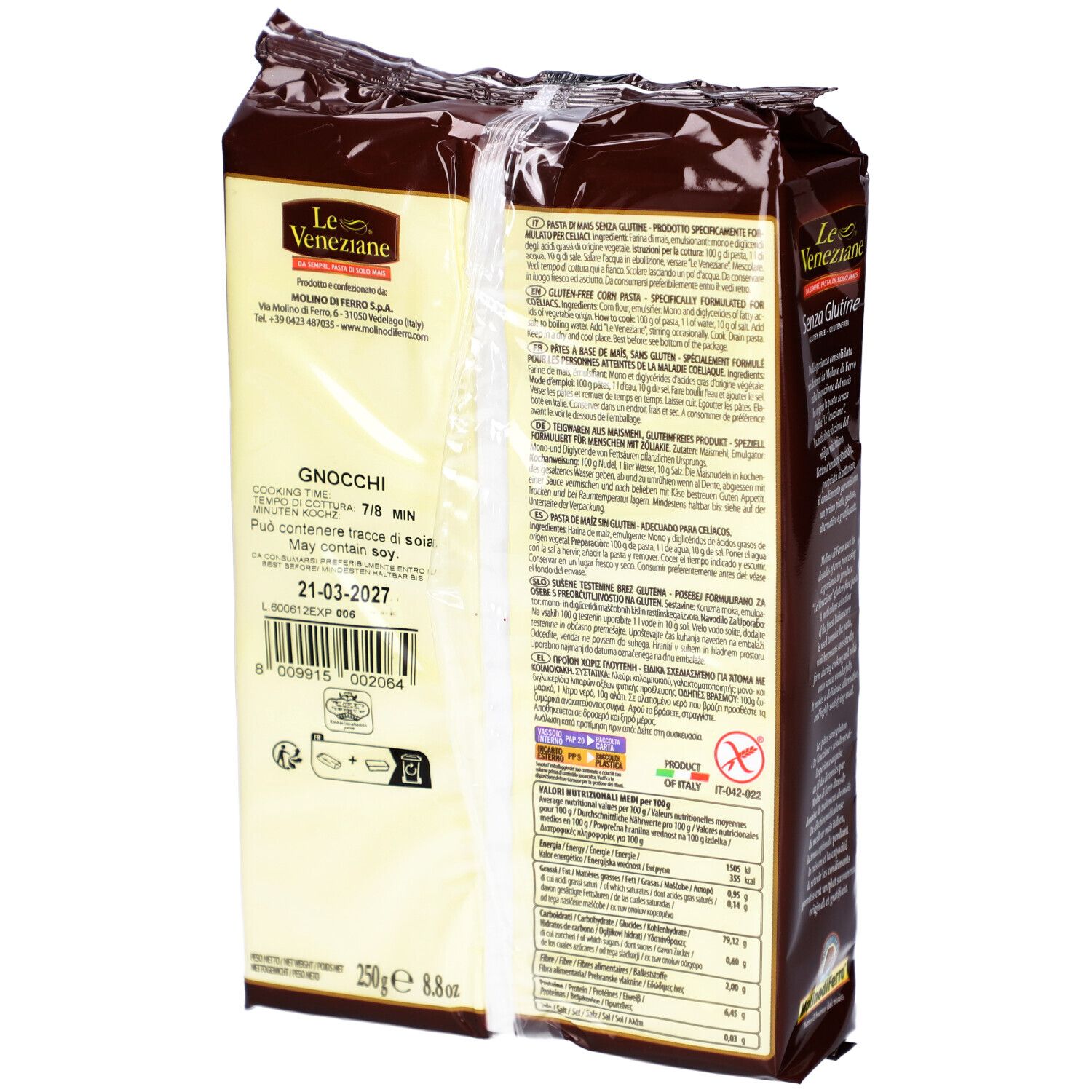 Dos du paquet de LE VENEZIANE Gnocchi Rigate Mais glutenfrei. Contient des informations et des valeurs nutritionnelles.