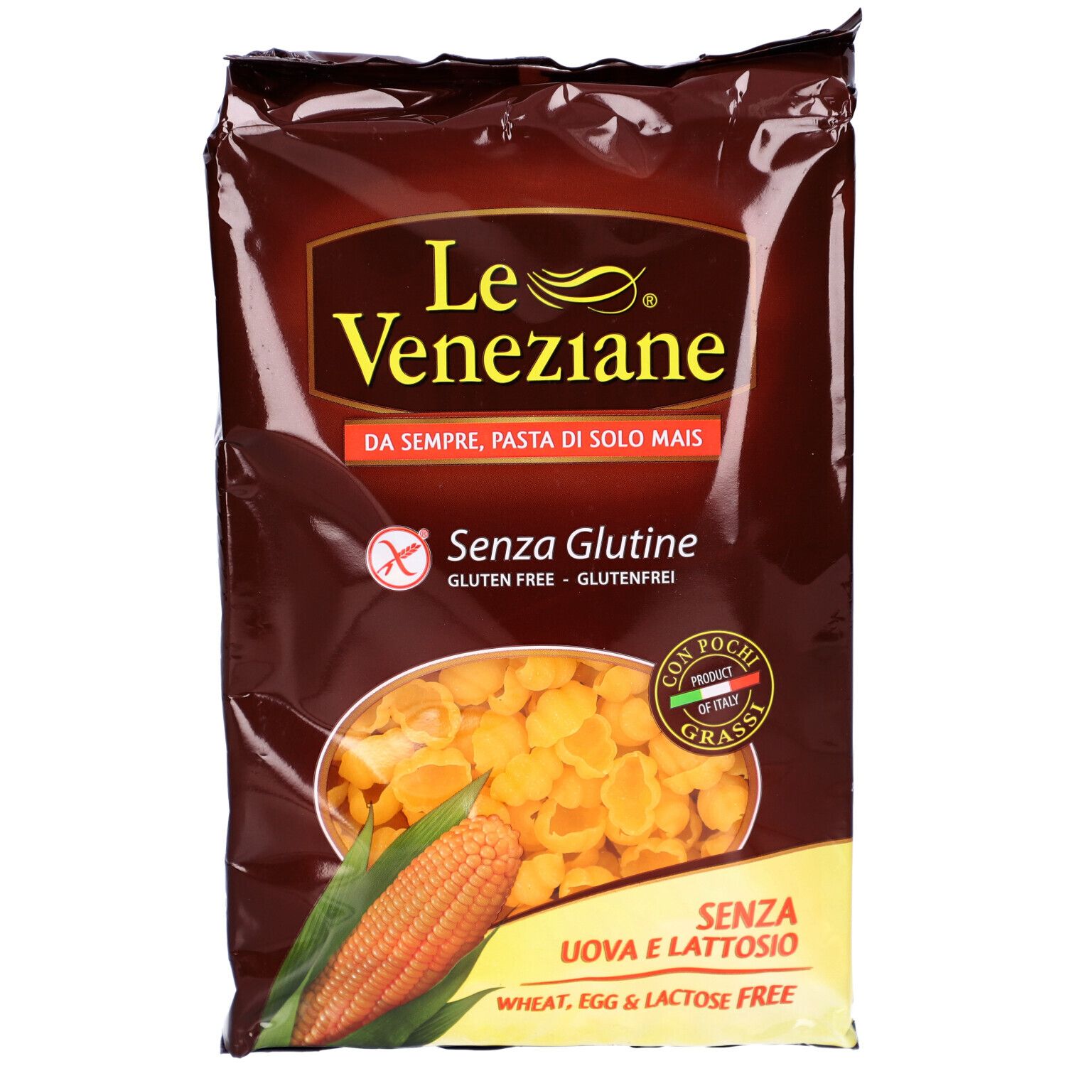 Paquet de LE VENEZIANE Gnocchi Rigate Mais glutenfrei. Inscription : Senza Glutine, sans œufs et lactose. Illustration de maïs.