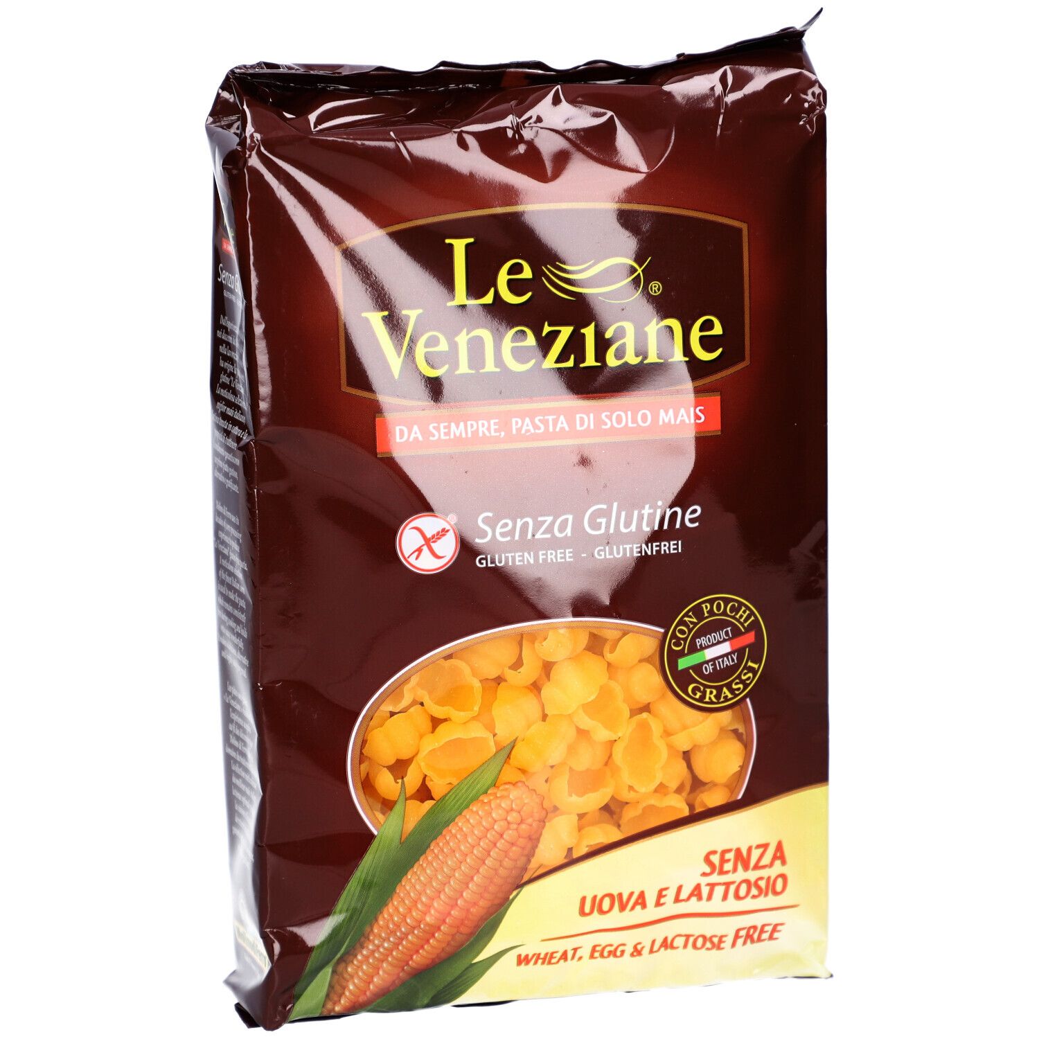 Paquet de LE VENEZIANE Gnocchi Rigate Mais glutenfrei. Inscription : Senza Glutine, sans œufs et lactose. Illustration de maïs.