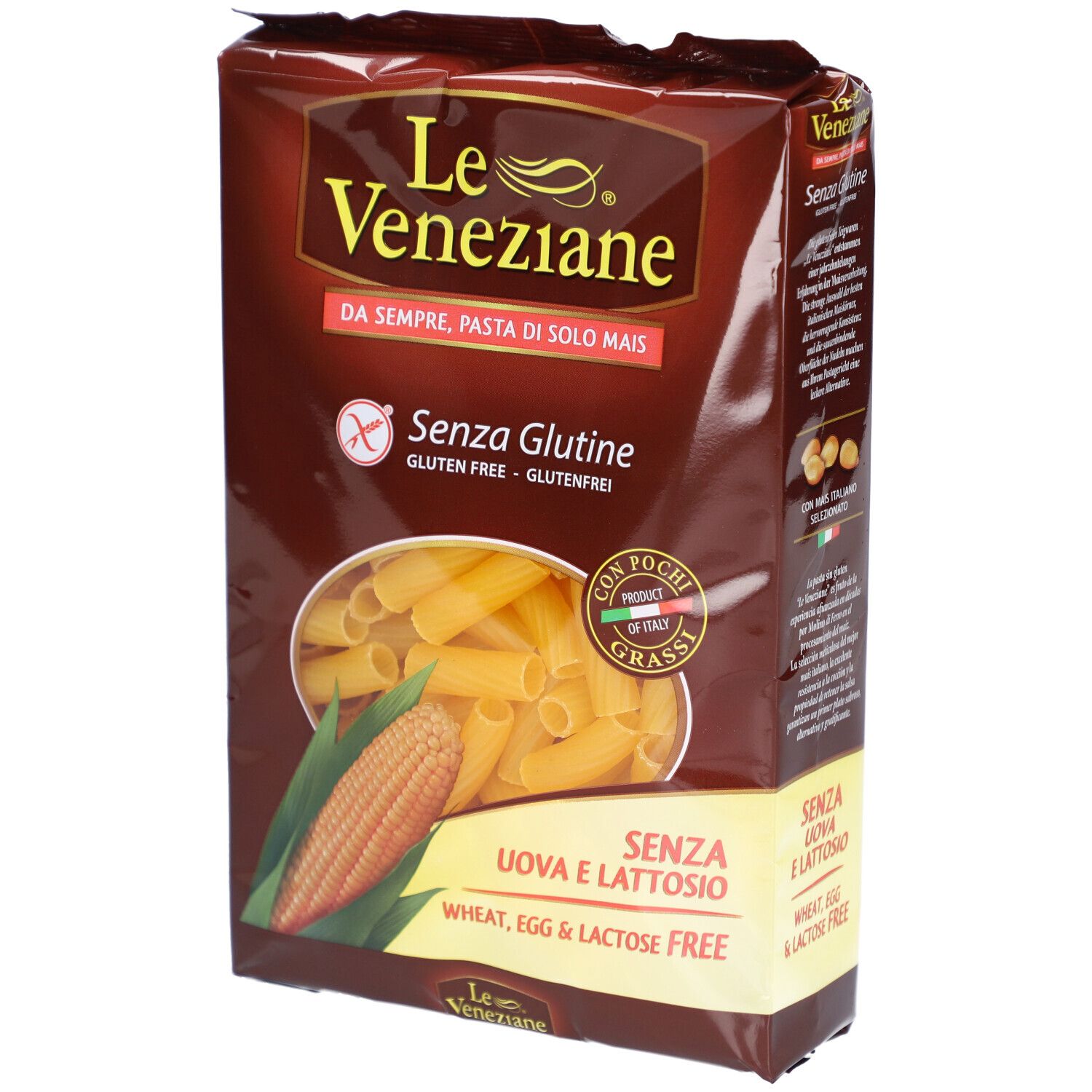 Braune Verpackung mit Rigatoni-Nudeln. Aufschrift: Le Veneziane, Senza Glutine, Senza Uova e Lattosio. Maiskolben-Illustration.