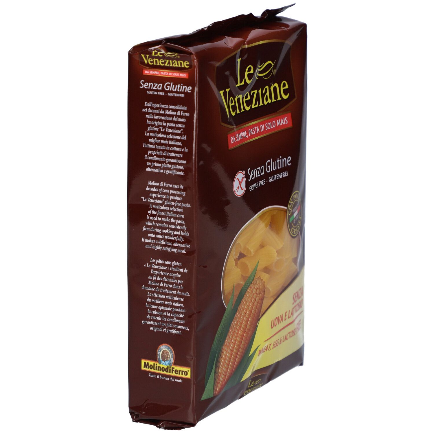 Braune Verpackung mit Rigatoni-Nudeln. Aufschrift: Le Veneziane, Senza Glutine. Maiskolben-Illustration. Seitenansicht.