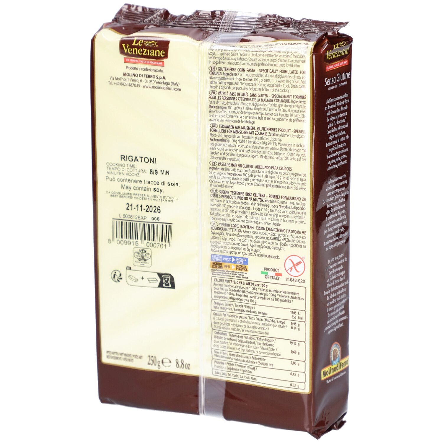 Rückseite der braunen Verpackung mit Rigatoni-Nudeln. Text: Zutaten, Nährwerte, Mindesthaltbarkeitsdatum. Glutenfrei.