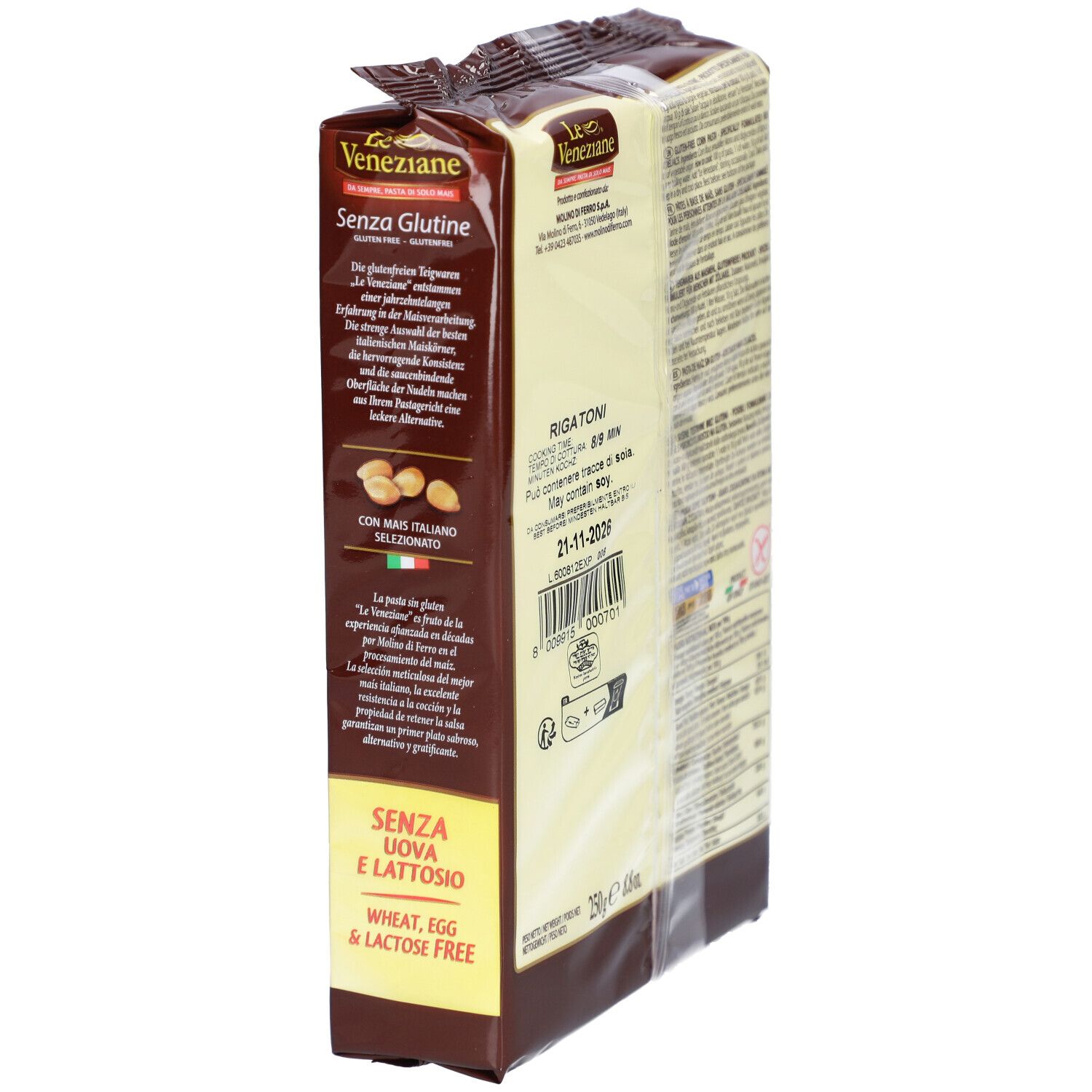 Braune Verpackung mit Rigatoni-Nudeln. Aufschrift: Le Veneziane, Senza Glutine, Senza Uova e Lattosio. Seitenansicht.