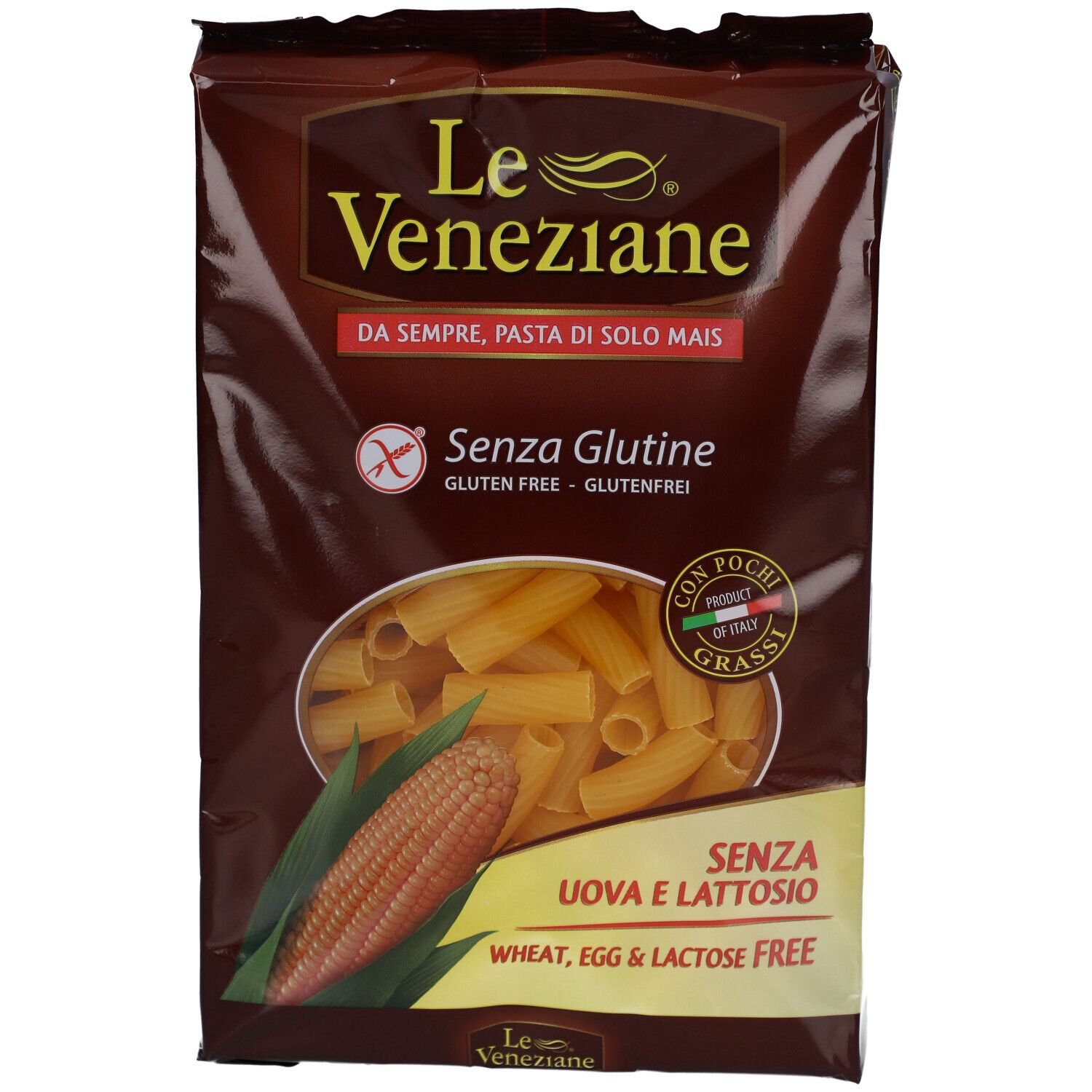 Braune Verpackung mit Rigatoni-Nudeln. Aufschrift: Le Veneziane, Senza Glutine, Senza Uova e Lattosio. Maiskolben-Illustration.