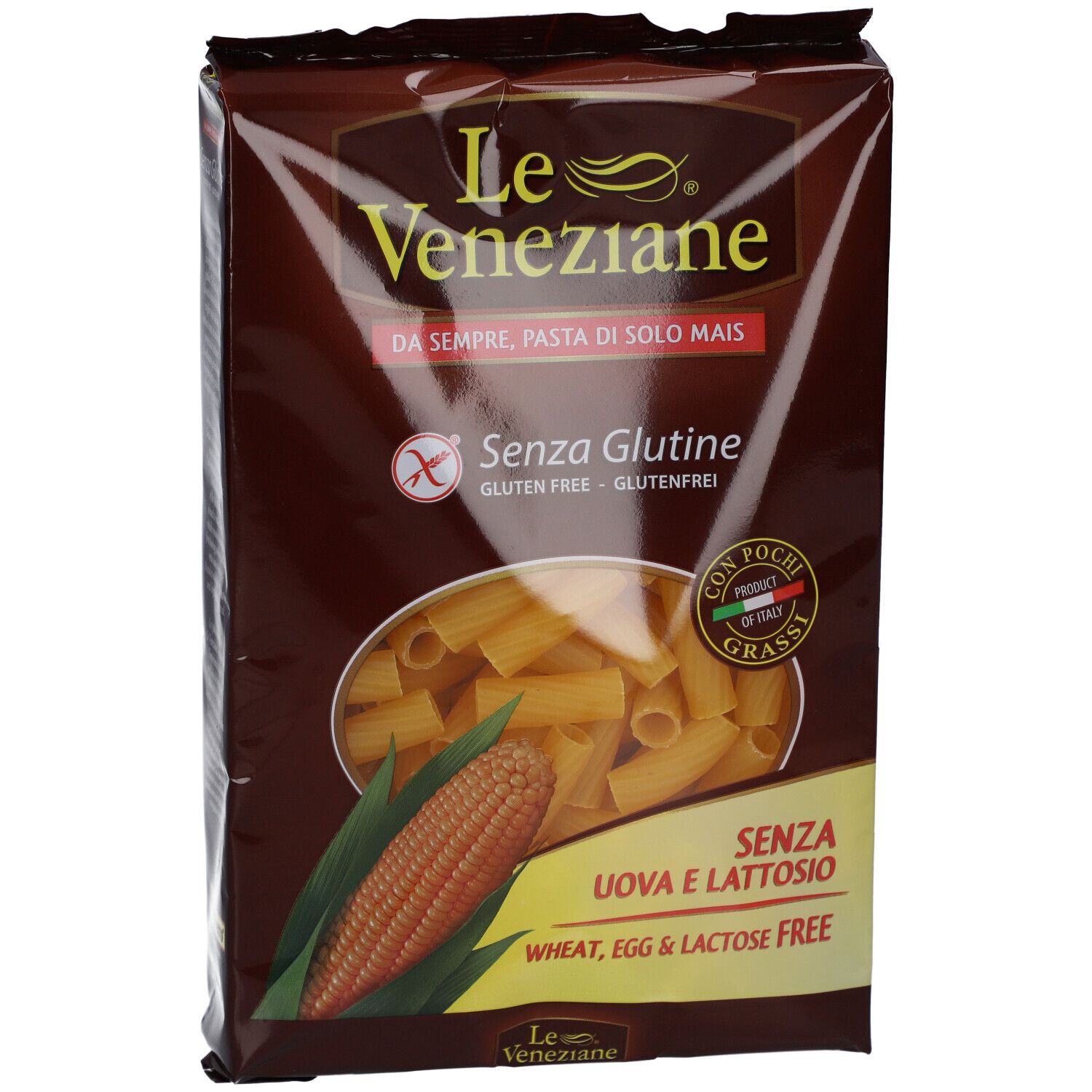 Braune Verpackung mit Rigatoni-Nudeln. Aufschrift: Le Veneziane, Senza Glutine, Senza Uova e Lattosio. Maiskolben-Illustration.