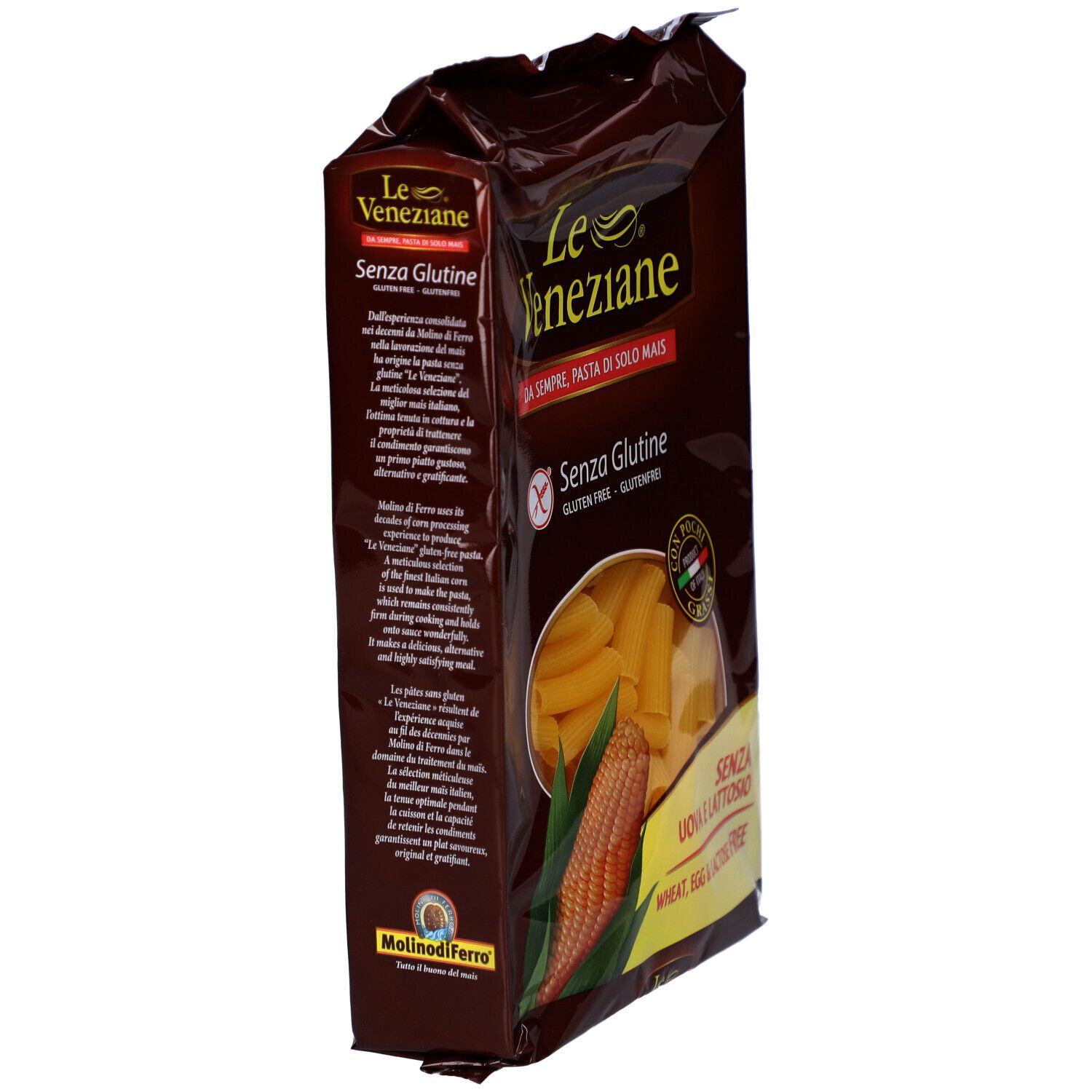 Emballage brun de pâtes Tubetti au maïs. Inscription: Le Veneziane, sans gluten. Illustration d'épi de maïs. Vue latérale.