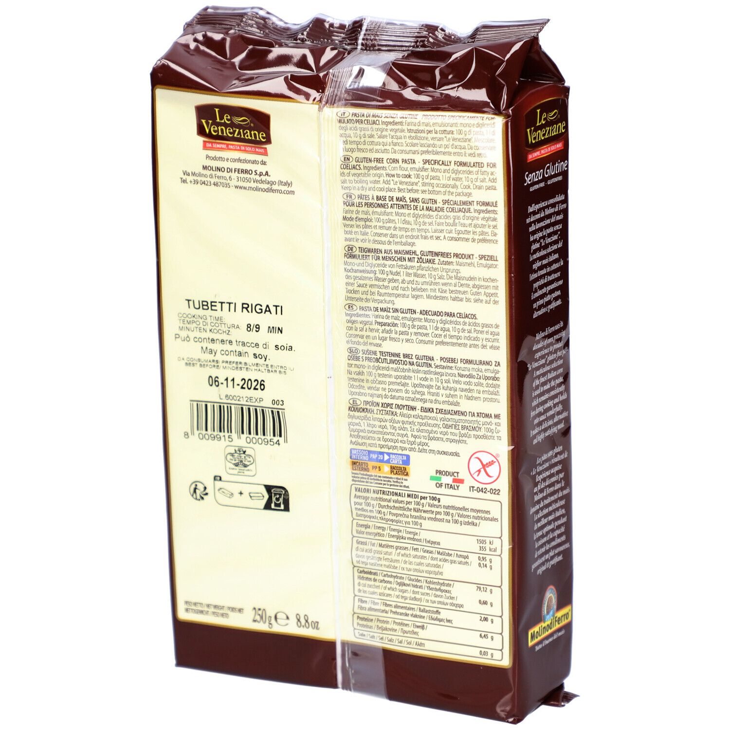 Dos de l'emballage de Tubetti au maïs. Texte: Tubetti Rigati, 250g. Informations nutritionnelles. Symbole sans gluten. Date de péremption.