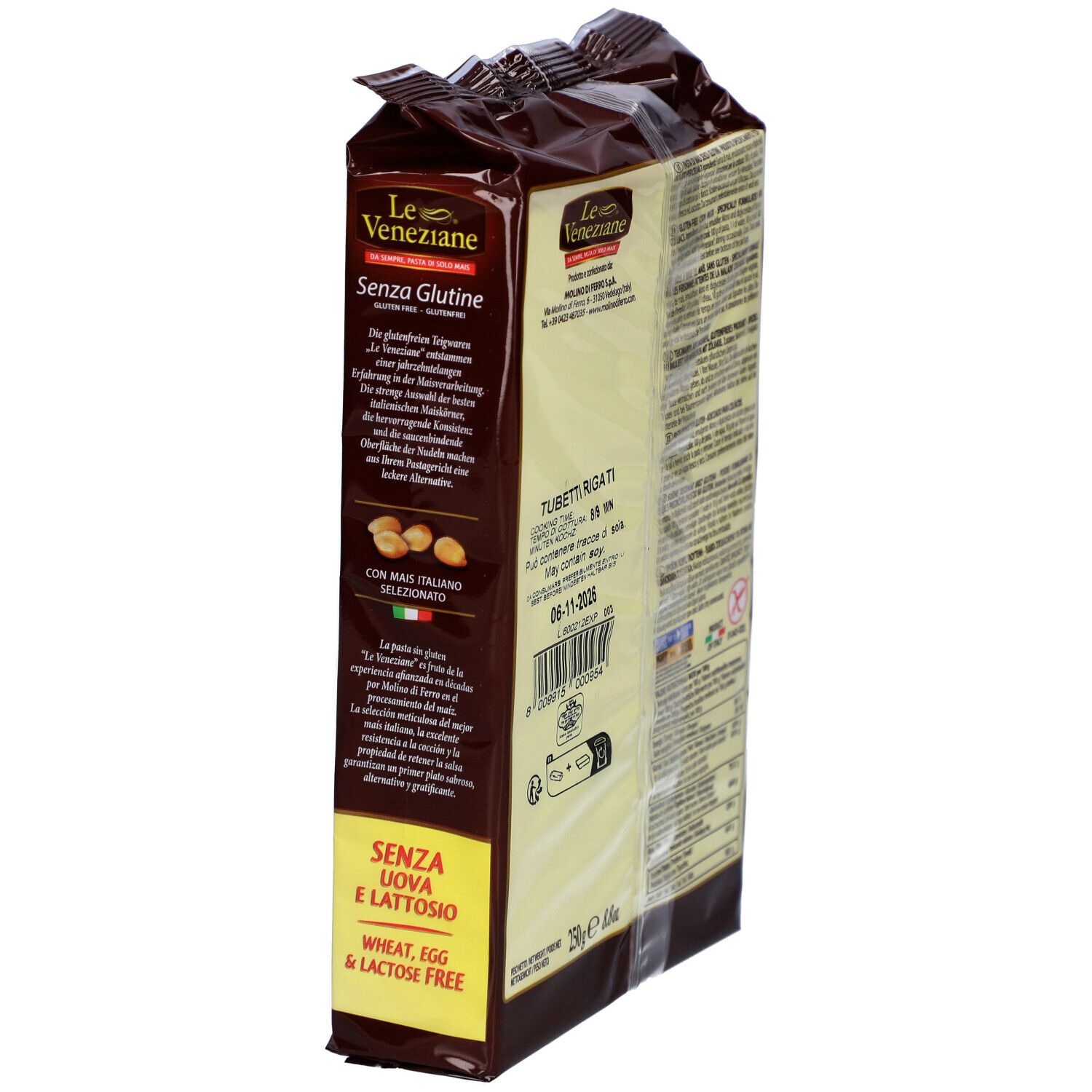 Emballage de pâtes Tubetti au maïs. Inscription: Le Veneziane, sans gluten, sans œufs et sans lactose. Illustration d'épi de maïs. Vue latérale.