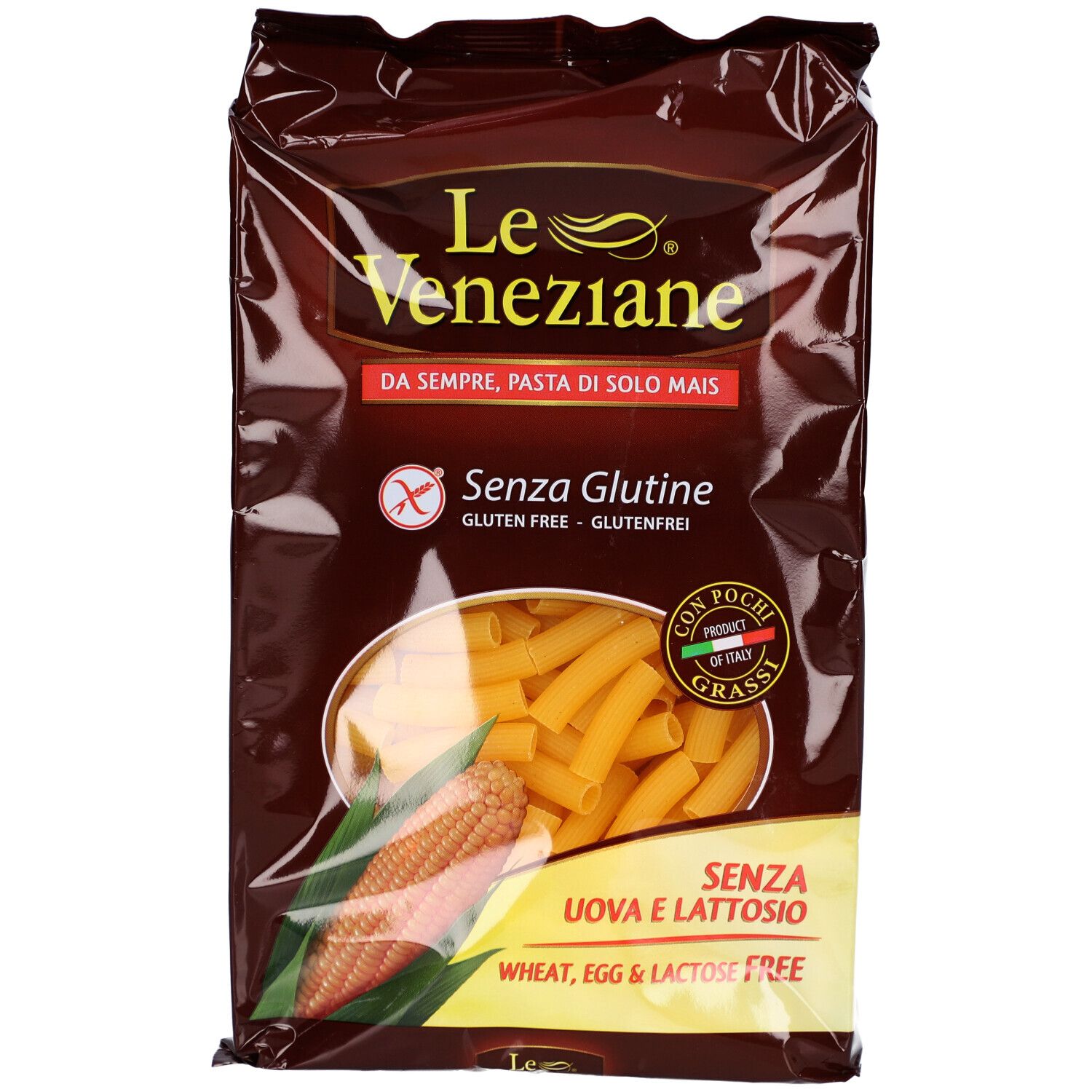 Emballage de pâtes Tubetti au maïs. Inscription: Le Veneziane, sans gluten, sans œufs et sans lactose. Illustration d'épi de maïs.
