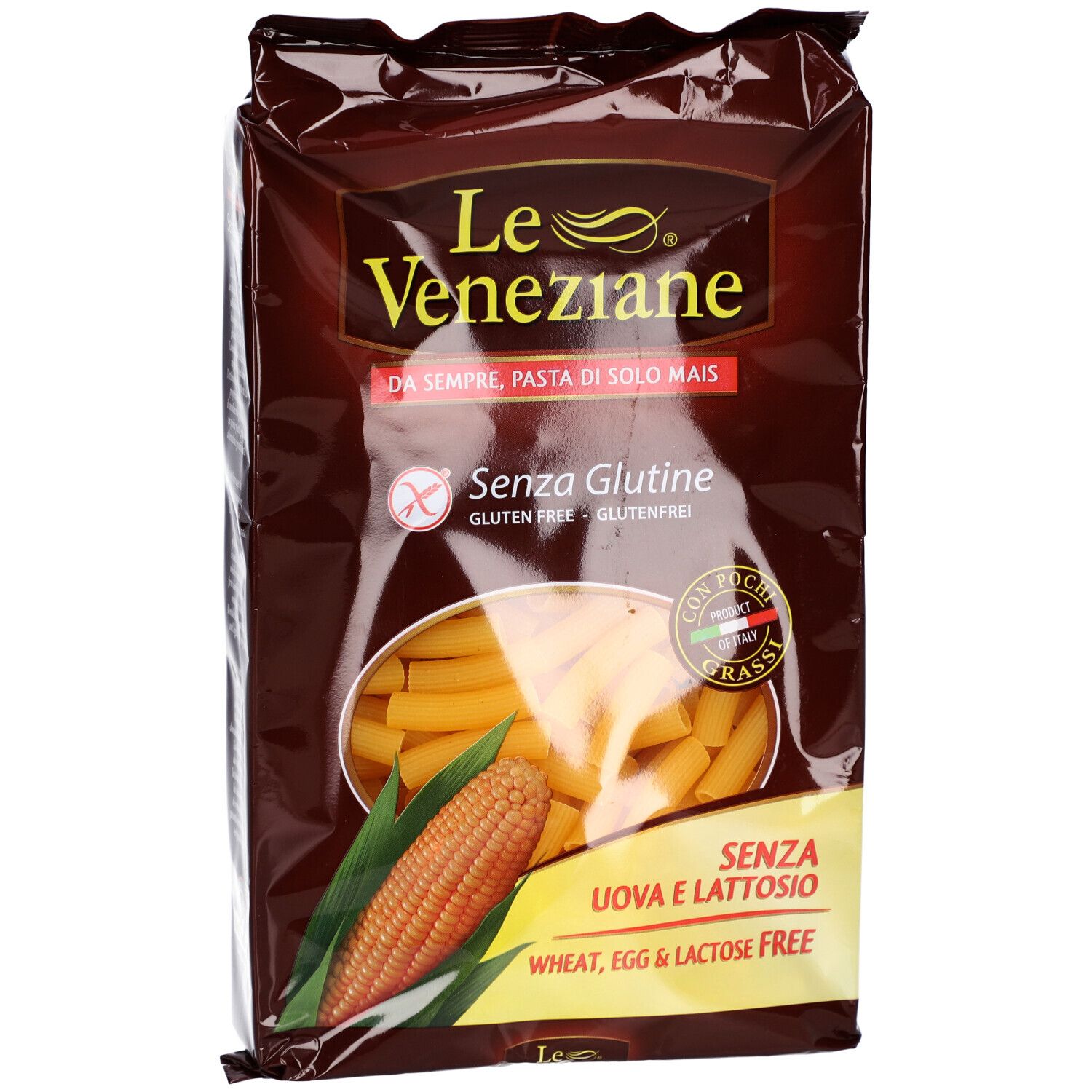 Emballage de pâtes Tubetti au maïs. Inscription: Le Veneziane, sans gluten, sans œufs et sans lactose. Illustration d'épi de maïs.