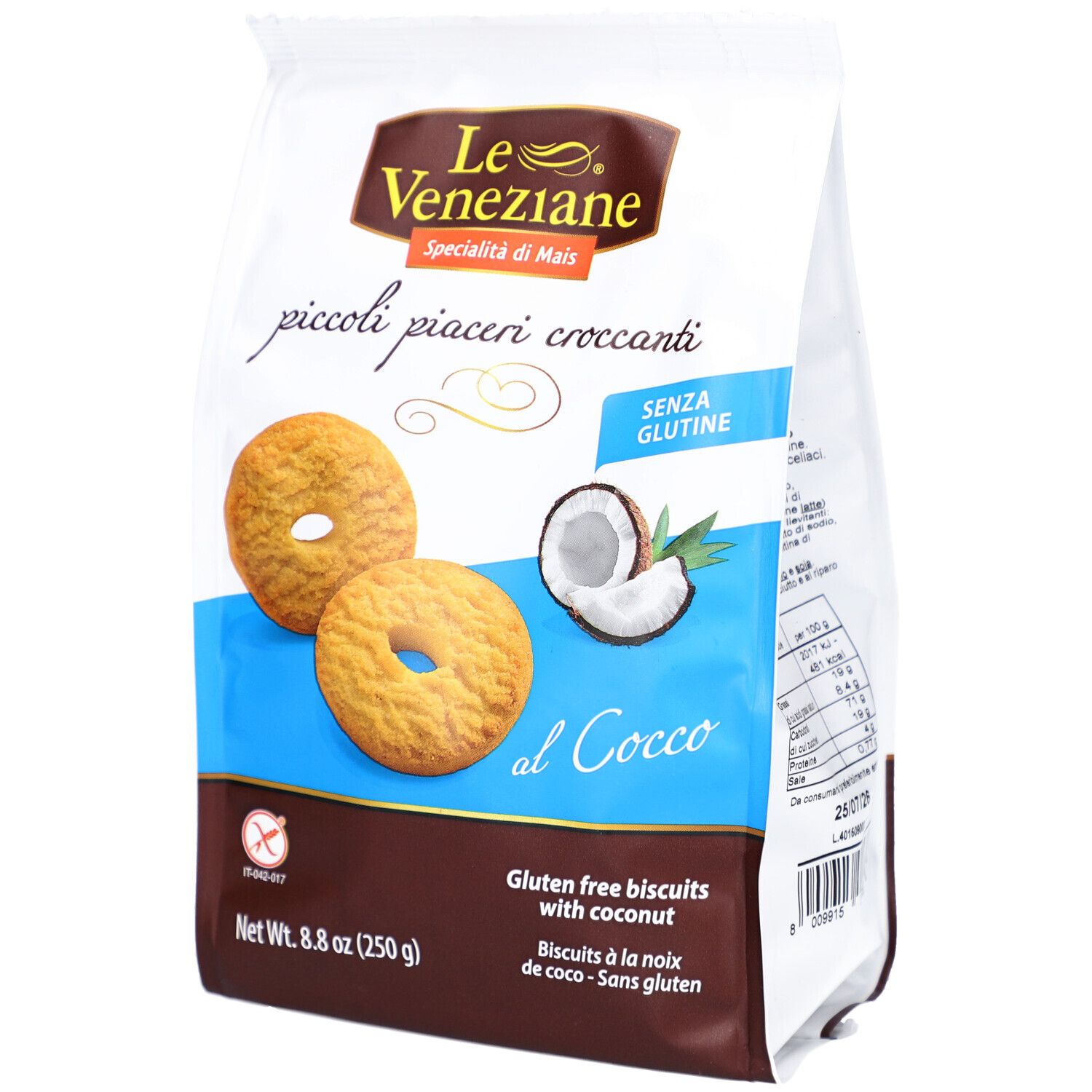 Paquet de biscuits LE VENEZIANE à la noix de coco. Montre des biscuits, une moitié de noix de coco et des informations. Sans gluten.