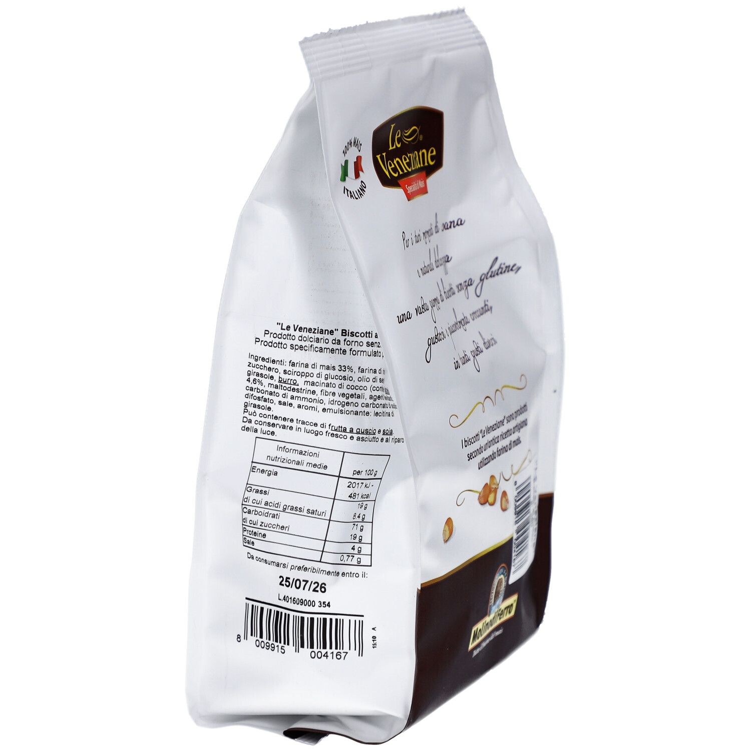 Vue en biais du dos du paquet de biscuits LE VENEZIANE. Montre texte et informations. Sans gluten.