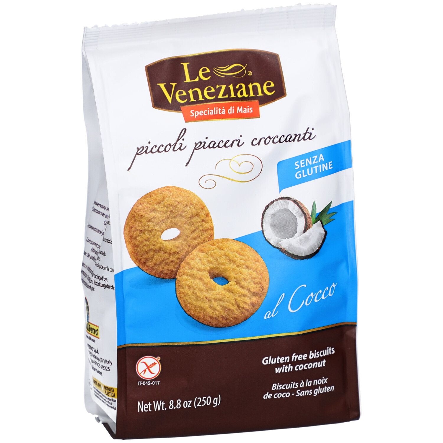 Paquet de biscuits LE VENEZIANE à la noix de coco. Montre des biscuits, une moitié de noix de coco et des informations. Sans gluten.