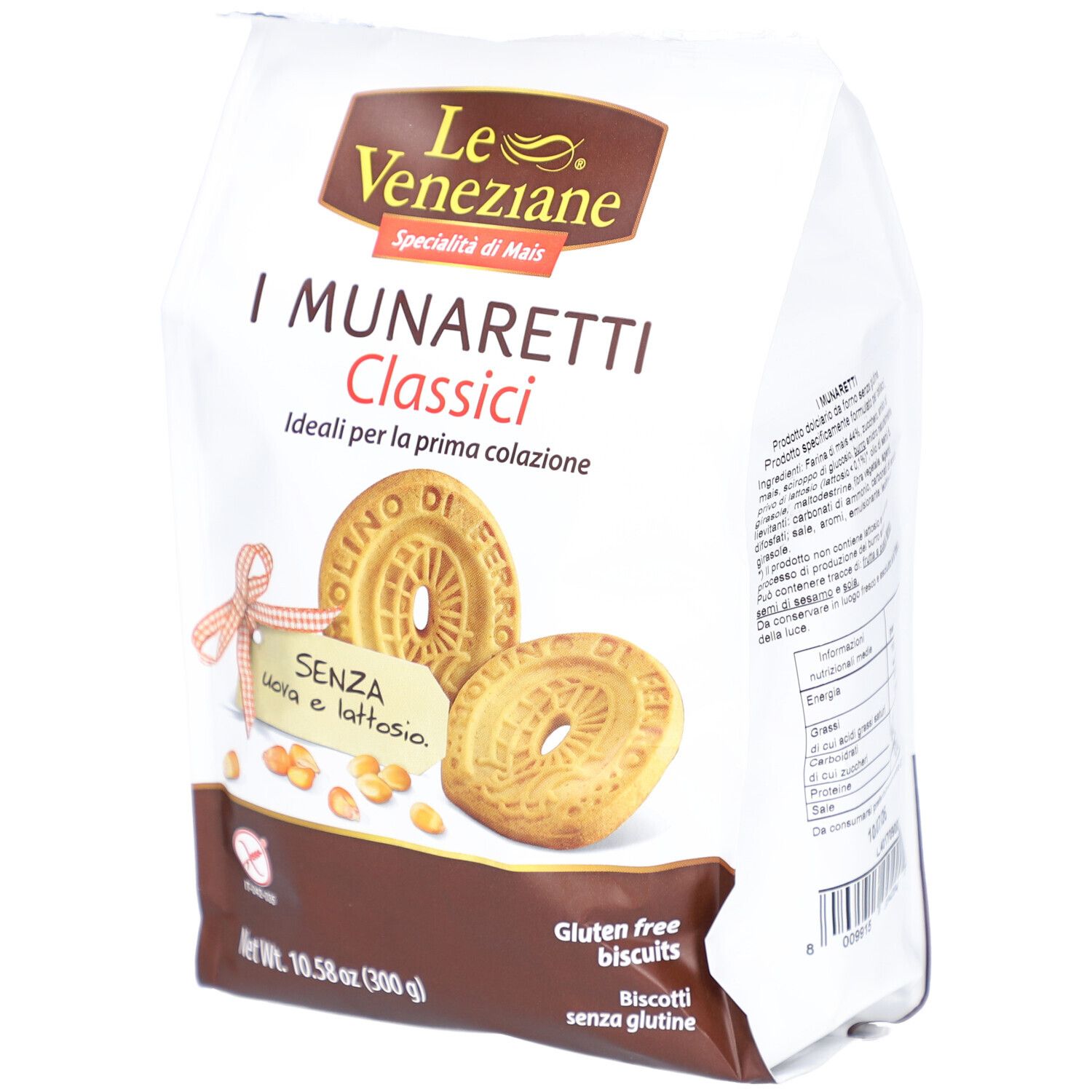 Paquet de biscuits. Inscription: I Munaretti Classici, sans œufs ni lactose. Biscuits sans gluten.
