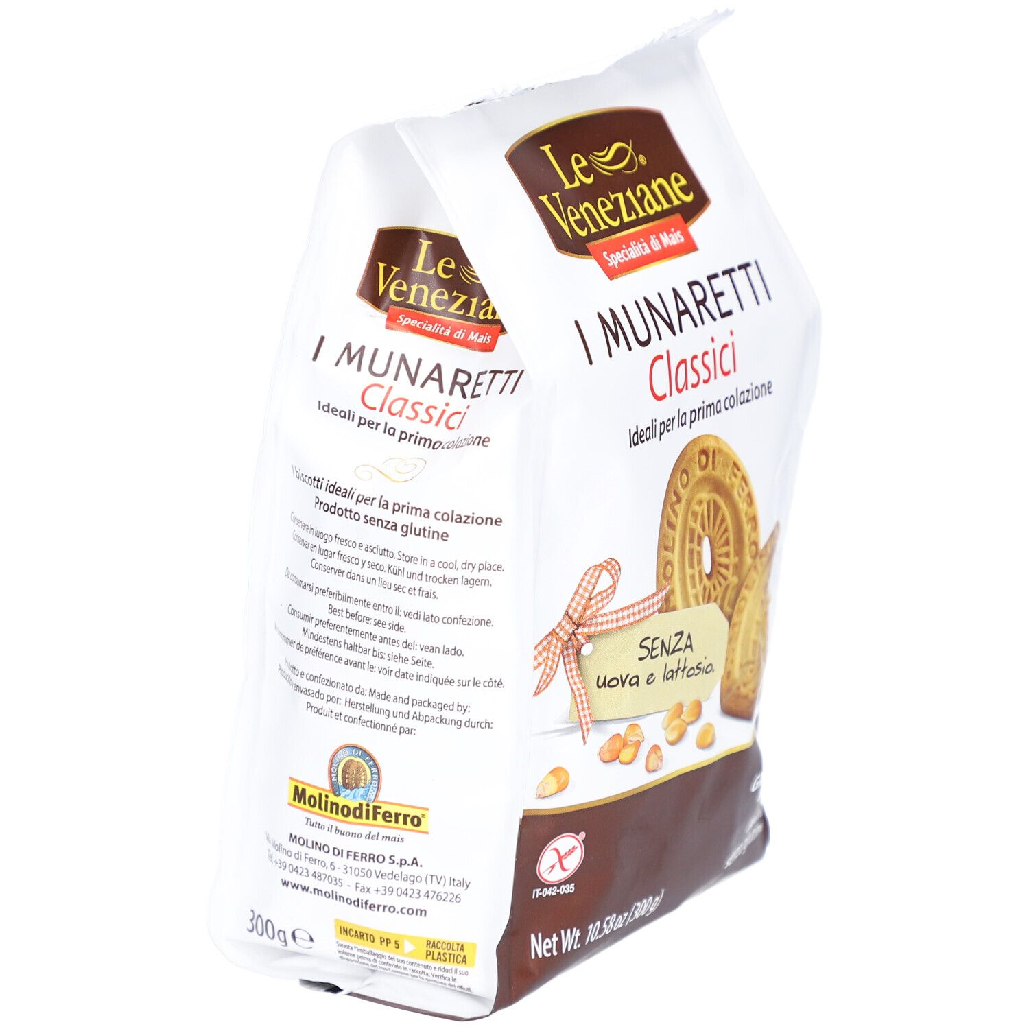 Paquet de biscuits. Inscription: I Munaretti Classici, sans œufs ni lactose. Biscuits sans gluten. Molino di Ferro.