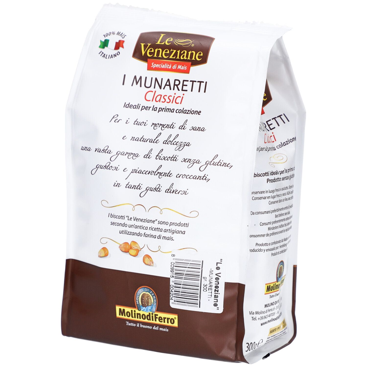 Paquet de biscuits. Inscription: I Munaretti Classici. Biscuits sans gluten. Molino di Ferro.