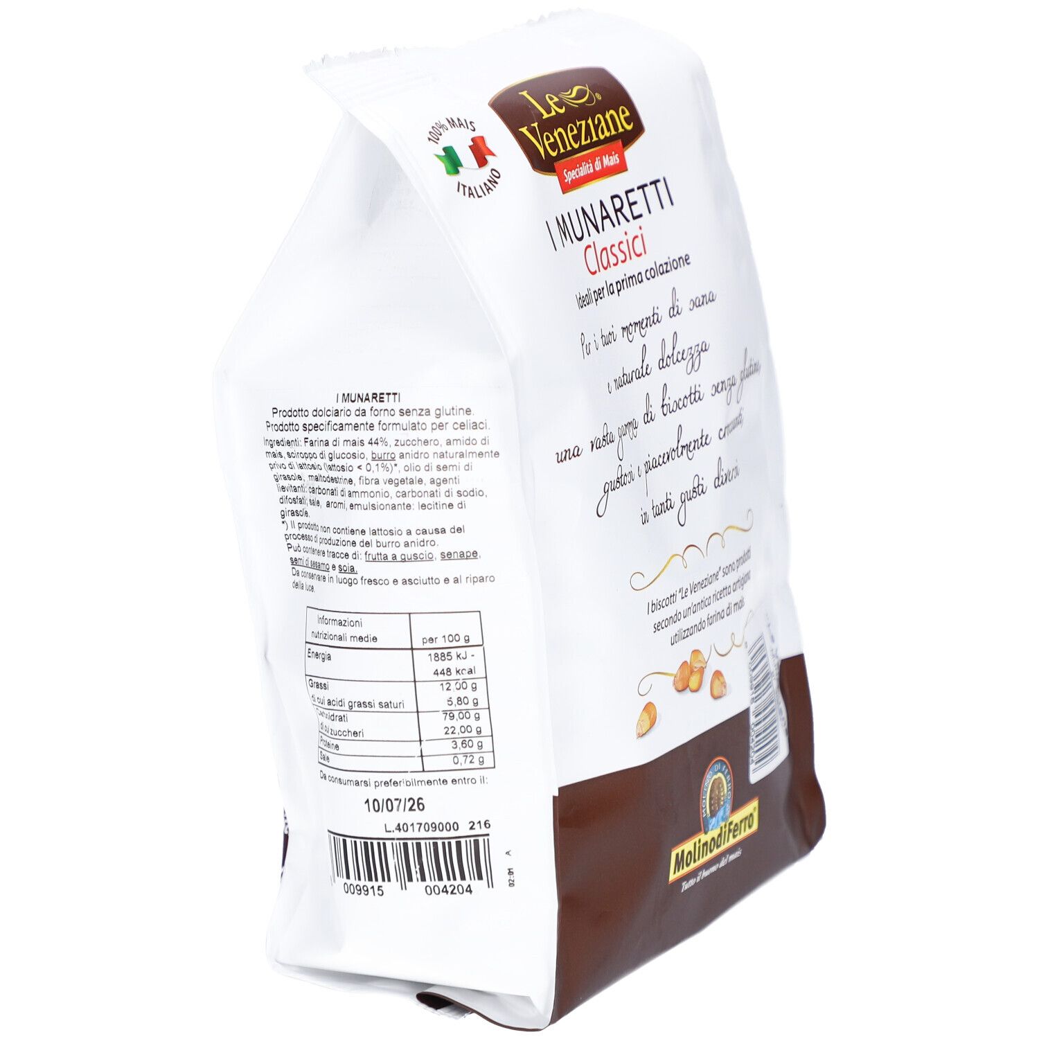 Paquet de biscuits. Inscription: I Munaretti Classici. Biscuits sans gluten. Molino di Ferro. Informations nutritionnelles.