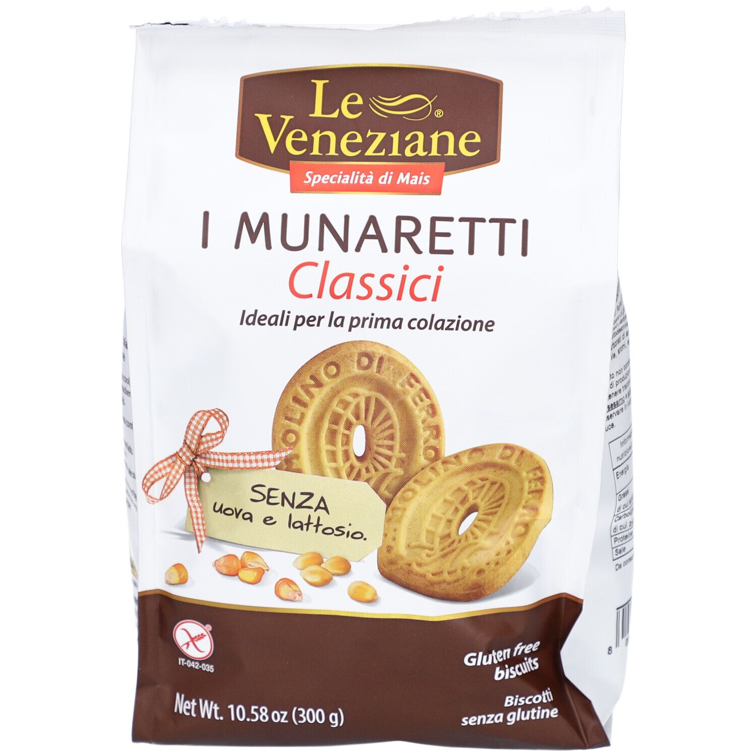 Paquet de biscuits. Inscription: I Munaretti Classici, sans œufs ni lactose. Biscuits sans gluten.
