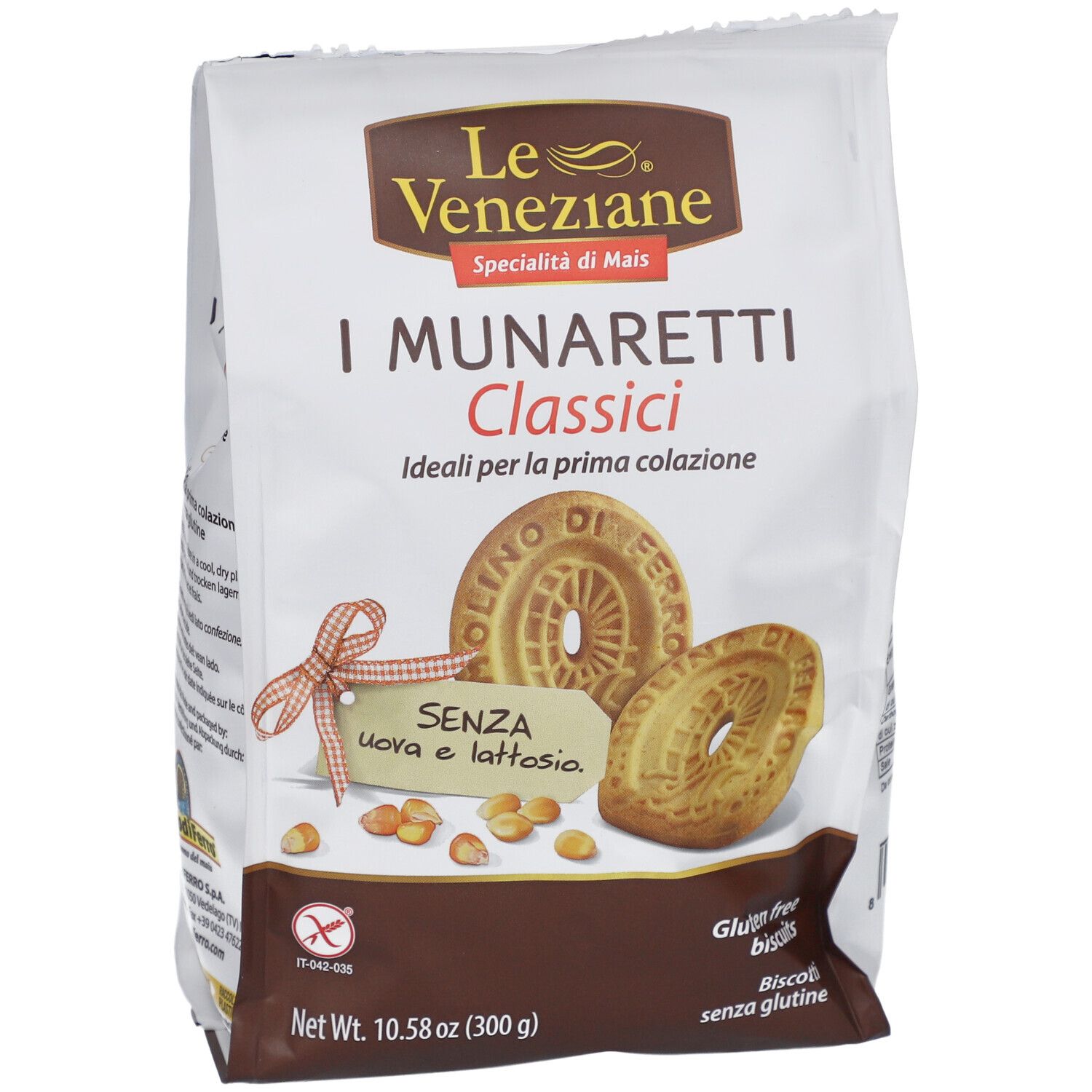 Paquet de biscuits. Inscription: I Munaretti Classici, sans œufs ni lactose. Biscuits sans gluten.