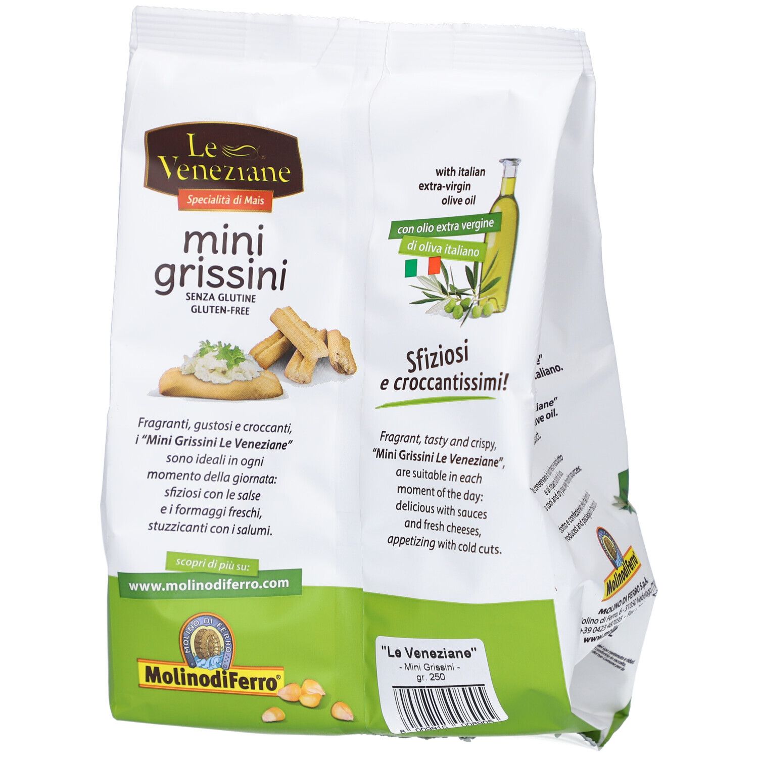 Dos du paquet de mini-grissini. Logo Le Veneziane. Texte: Mini Grissini, sans gluten. Illustration de grissini avec du fromage.