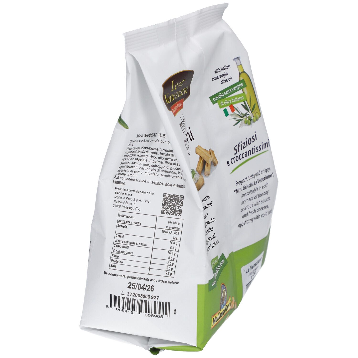 Dos du paquet avec informations nutritionnelles et date limite de consommation. Logo Le Veneziane. Texte: Mini Grissini. Illustration de grissini.