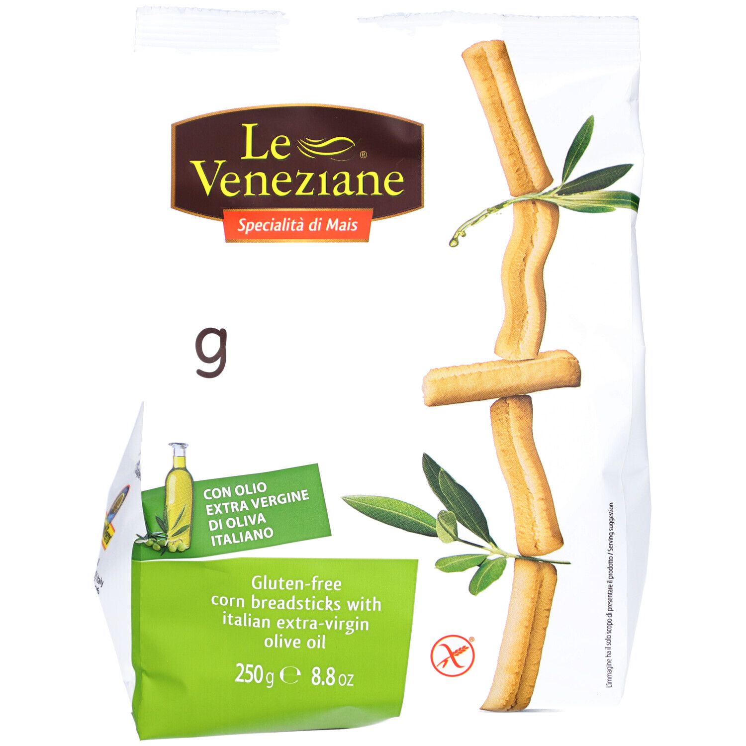 Paquet de mini-grissini sans gluten. Logo Le Veneziane. Étiquettes vertes avec informations et illustration d'huile d'olive. Arrangement de grissini.
