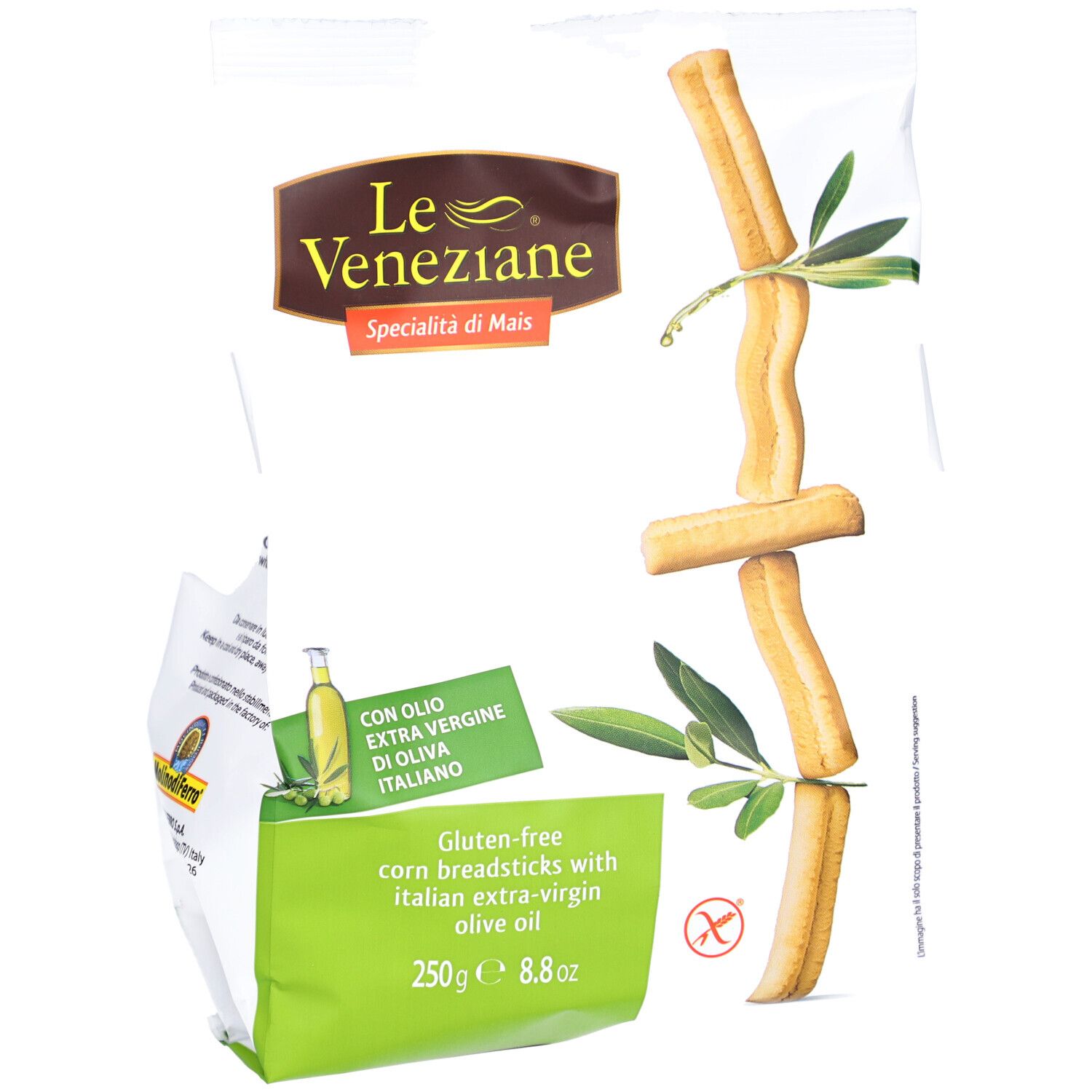Paquet de mini-grissini sans gluten. Logo Le Veneziane. Étiquettes vertes avec informations et illustration d'huile d'olive. Arrangement de grissini.
