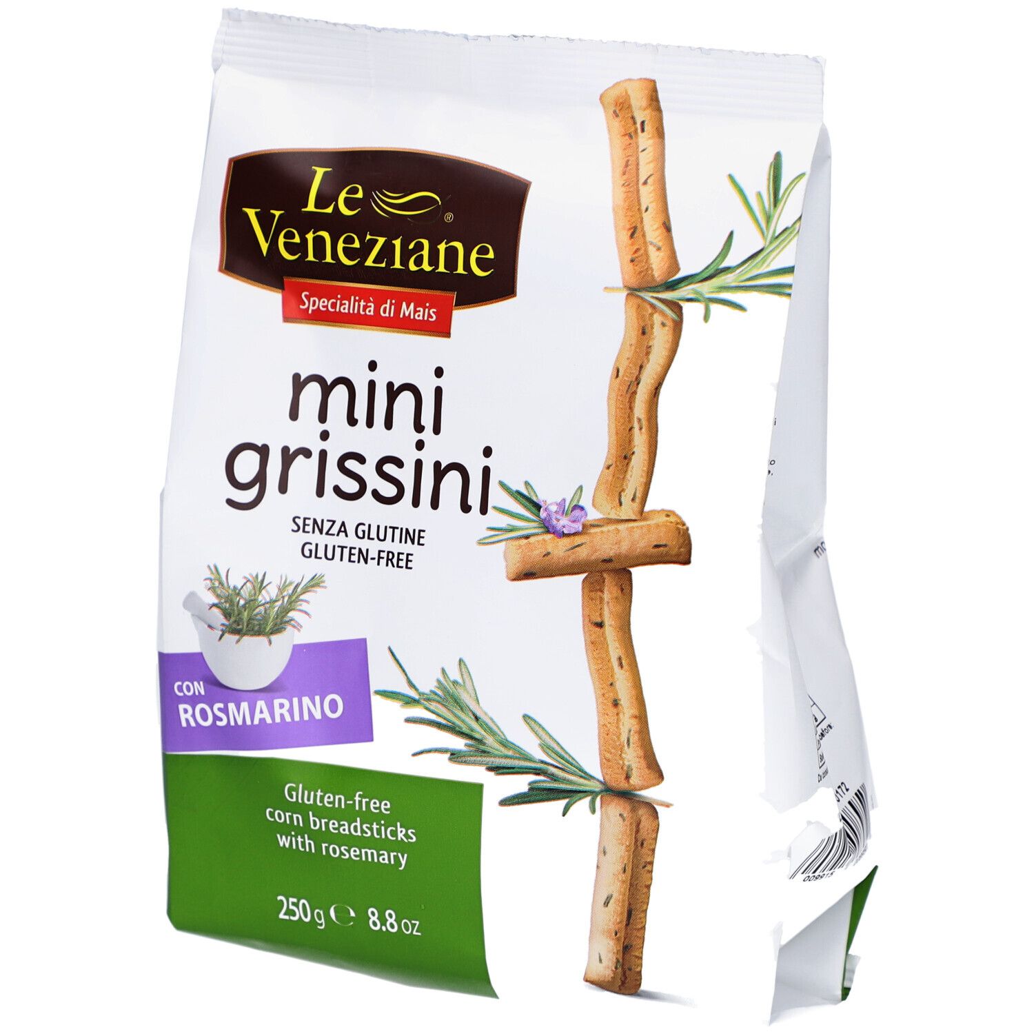 Paquet de mini-grissini au romarin. Sans gluten. Marque Le Veneziane.