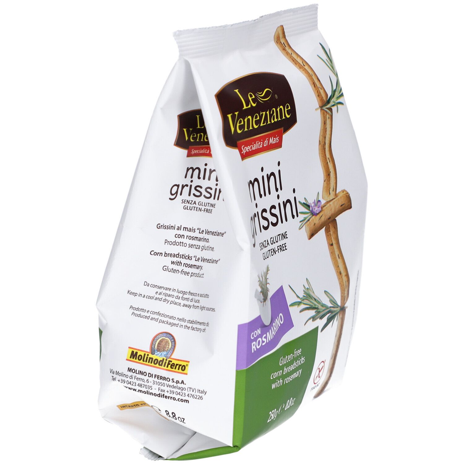 Paquet de mini-grissini au romarin. Sans gluten. Marque Le Veneziane.