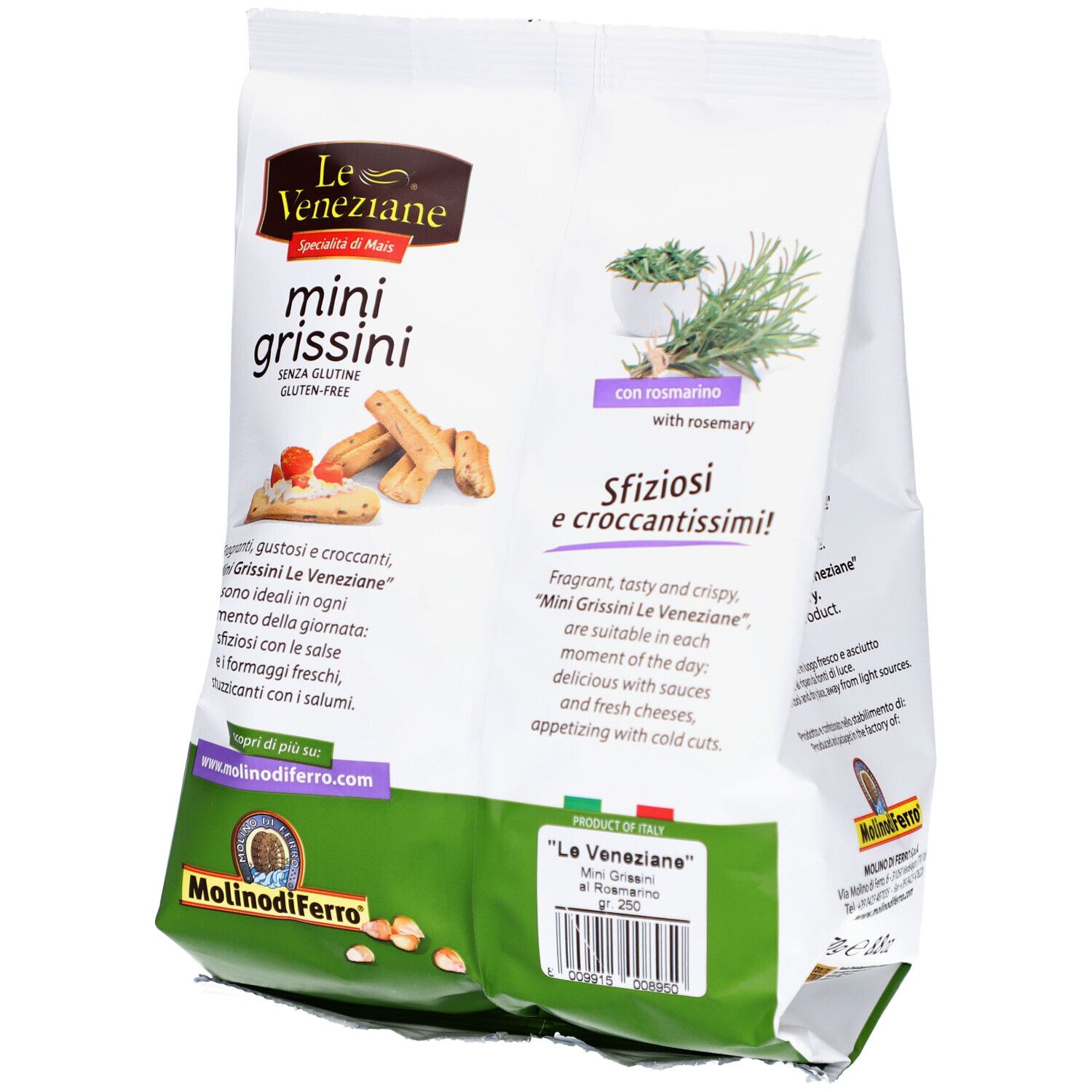 Paquet de mini-grissini au romarin. Sans gluten. Marque Le Veneziane.