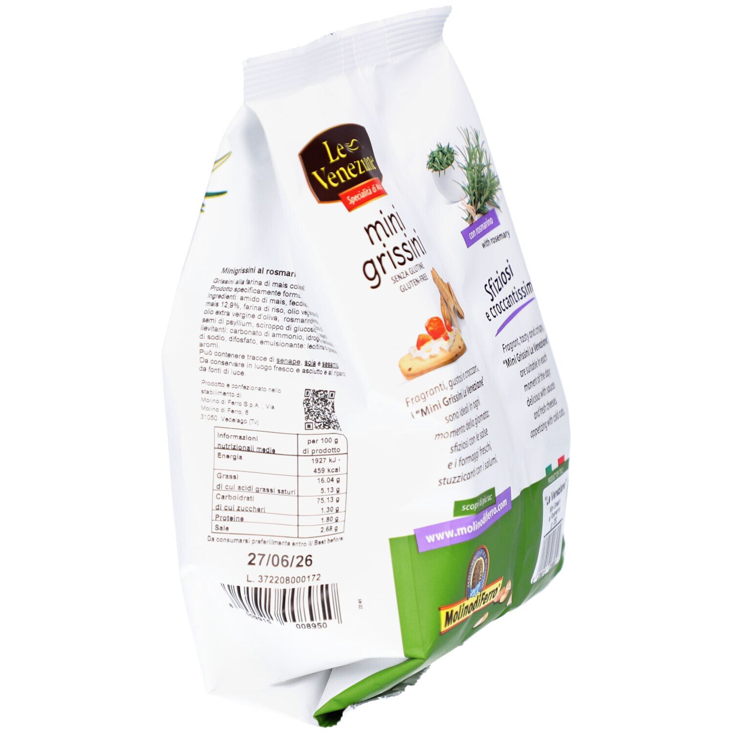 Paquet de mini-grissini au romarin. Sans gluten. Marque Le Veneziane.