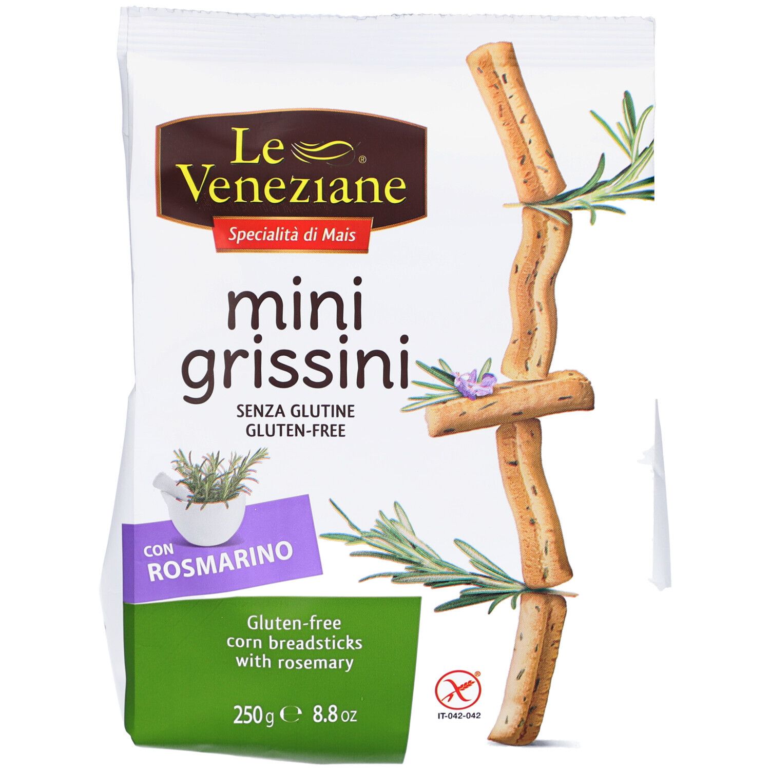Paquet de mini-grissini au romarin. Sans gluten. Marque Le Veneziane.