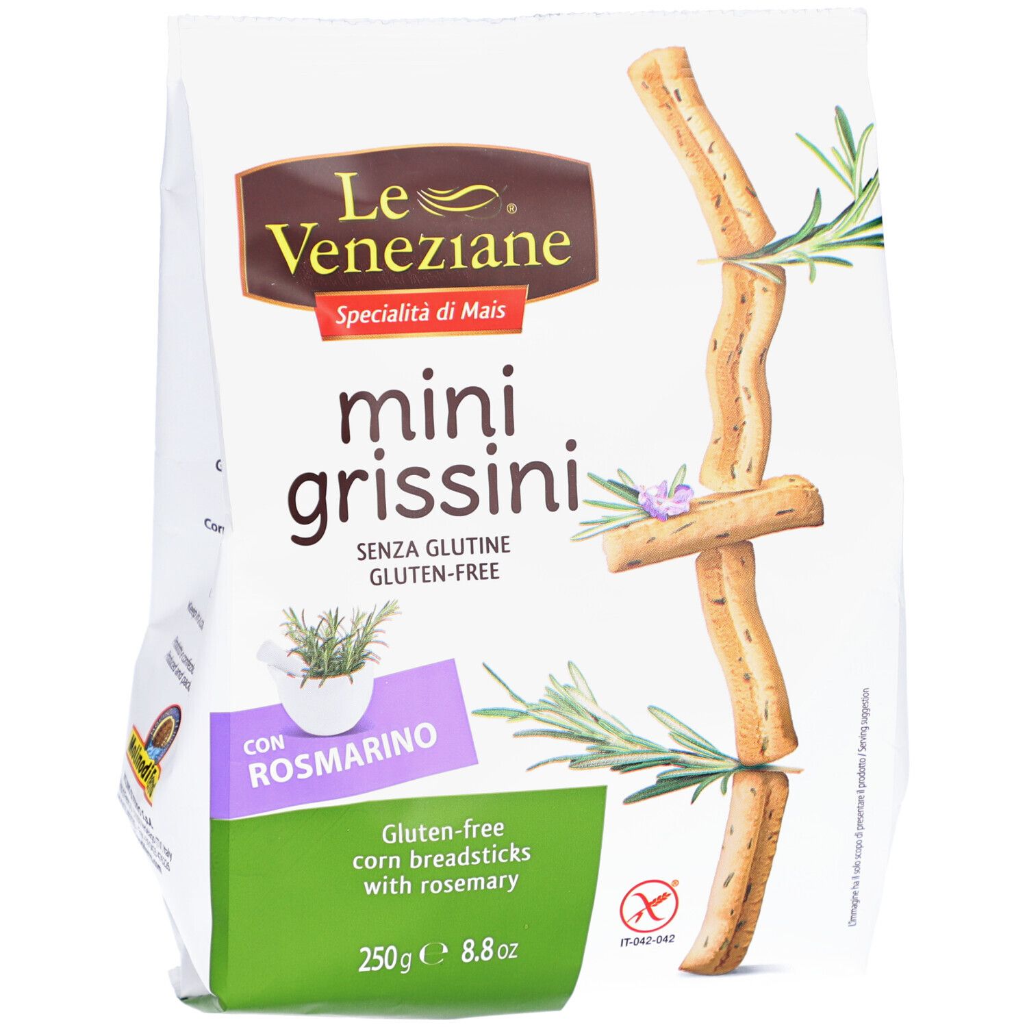 Paquet de mini-grissini au romarin. Sans gluten. Marque Le Veneziane.