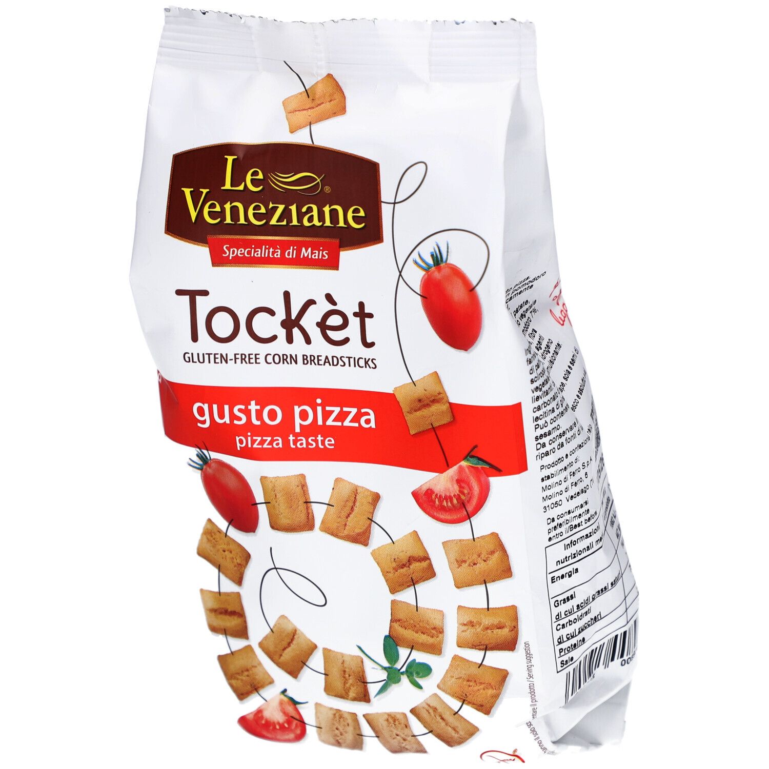 Paquet de gressins de maïs sans gluten. Inscription : Le Veneziane, Tockèt, gusto pizza. Illustration de tomates.