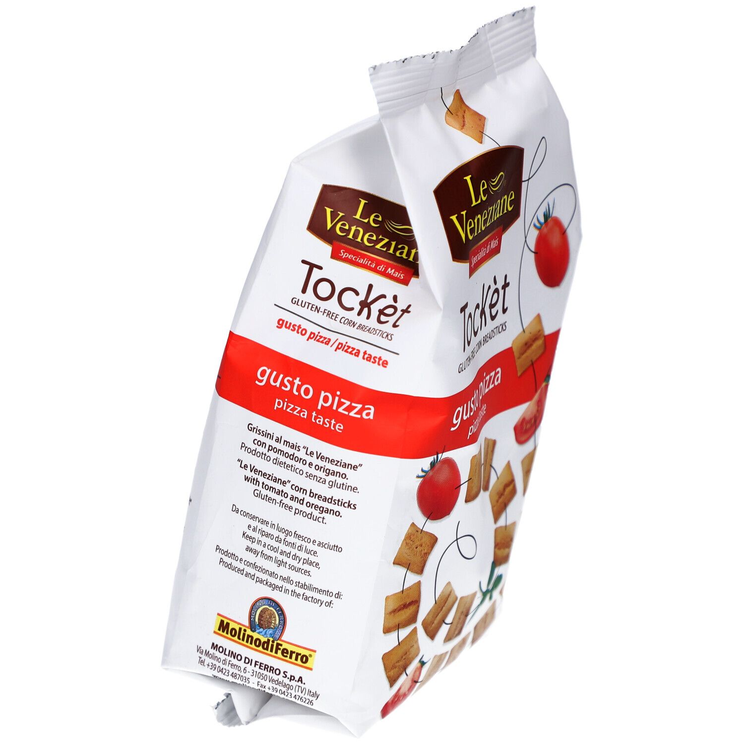 Paquet de gressins de maïs sans gluten. Inscription : Le Veneziane, Tockèt, gusto pizza. Vue en biais.