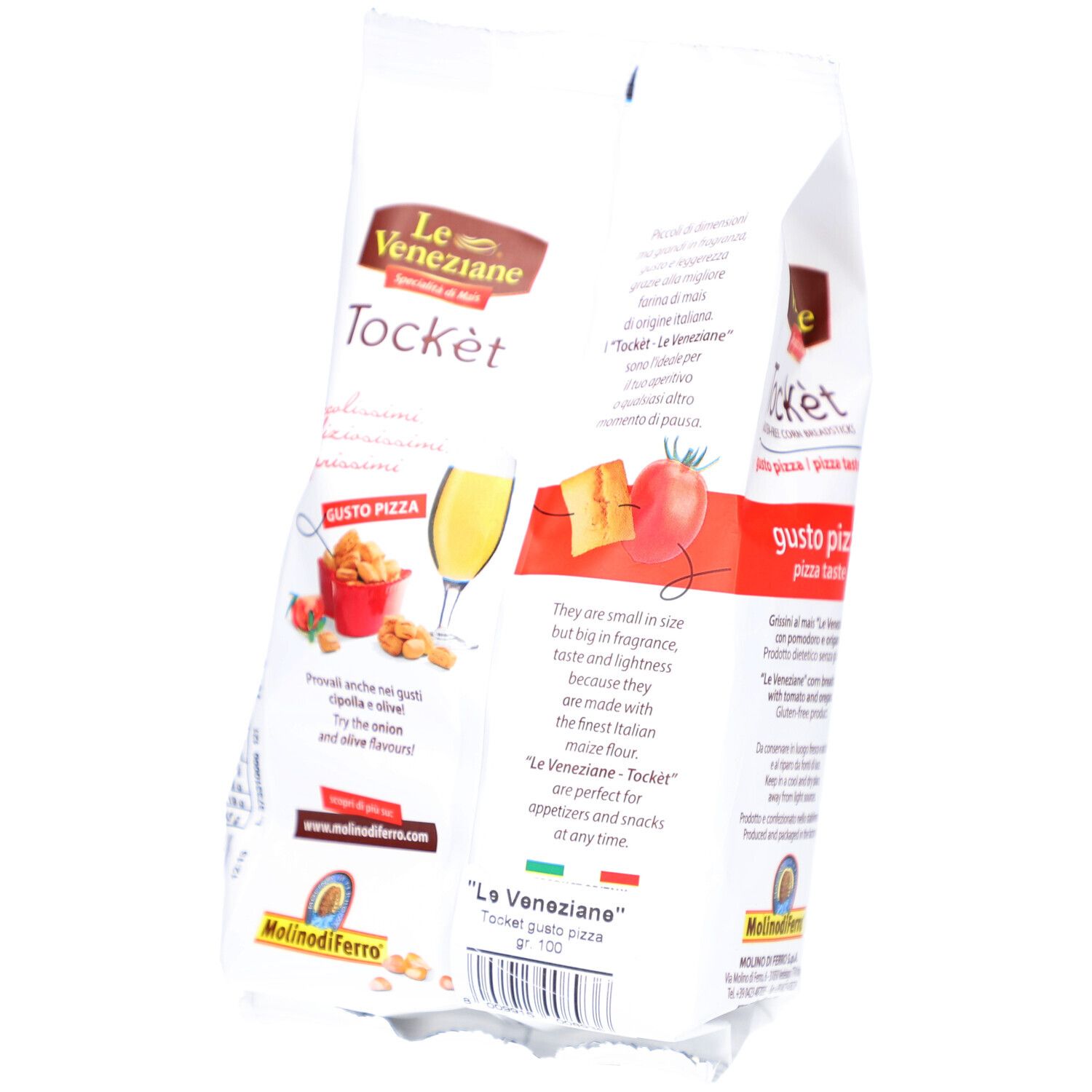 Dos du paquet de gressins de maïs sans gluten. Inscription : Le Veneziane, Tockèt, gusto pizza. Texte et illustrations.