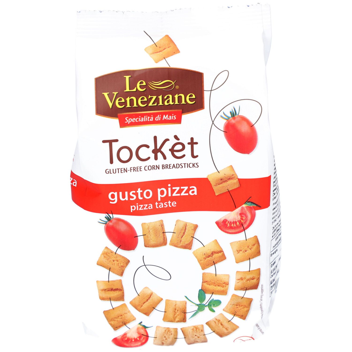 Paquet de gressins de maïs sans gluten. Inscription : Le Veneziane, Tockèt, gusto pizza. Illustration de tomates et gressins.