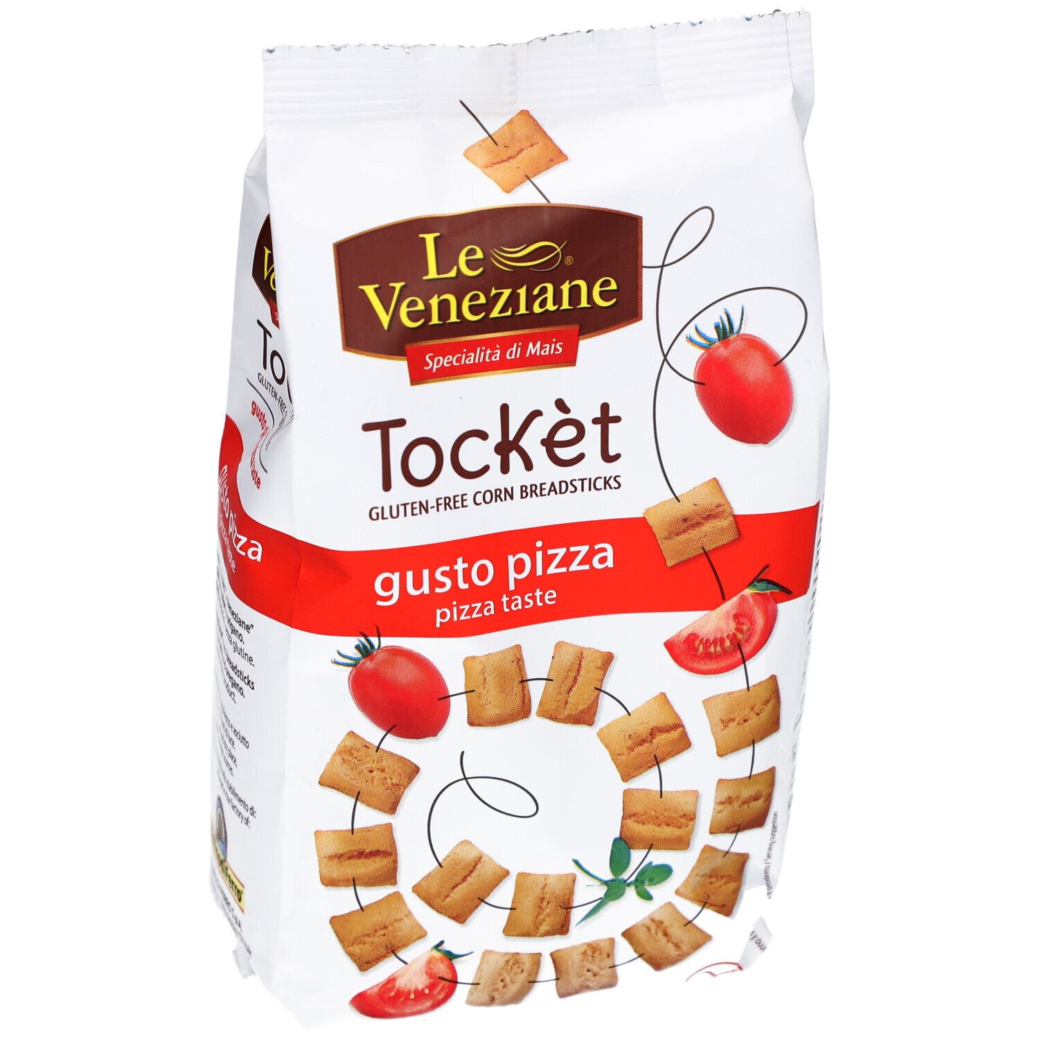 Paquet de gressins de maïs sans gluten. Inscription : Le Veneziane, Tockèt, gusto pizza. Illustration de tomates et gressins.