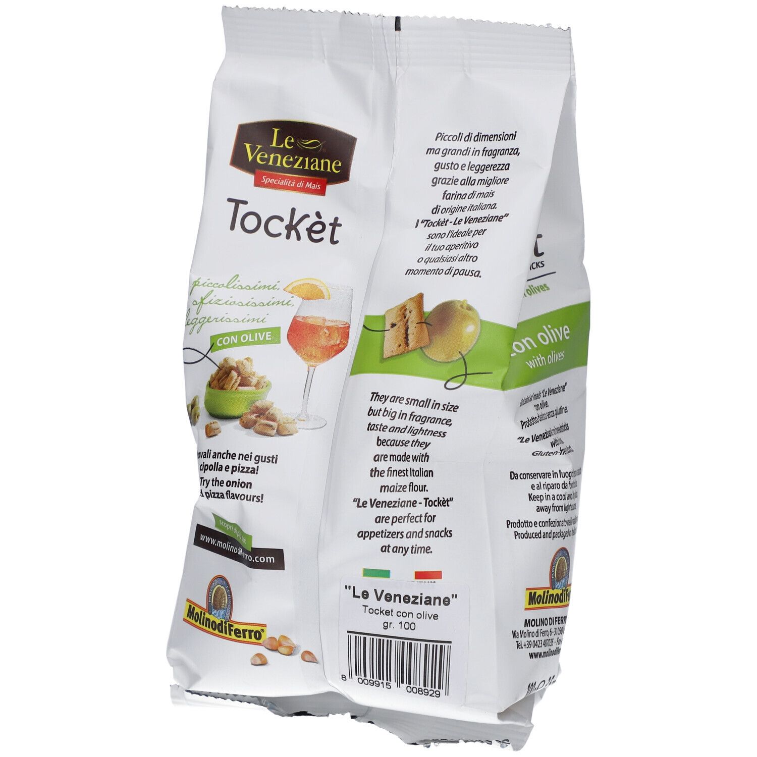Dos du paquet de Tockèt, bâtonnets de maïs sans gluten aux olives. Marque Le Veneziane. Texte et illustrations.