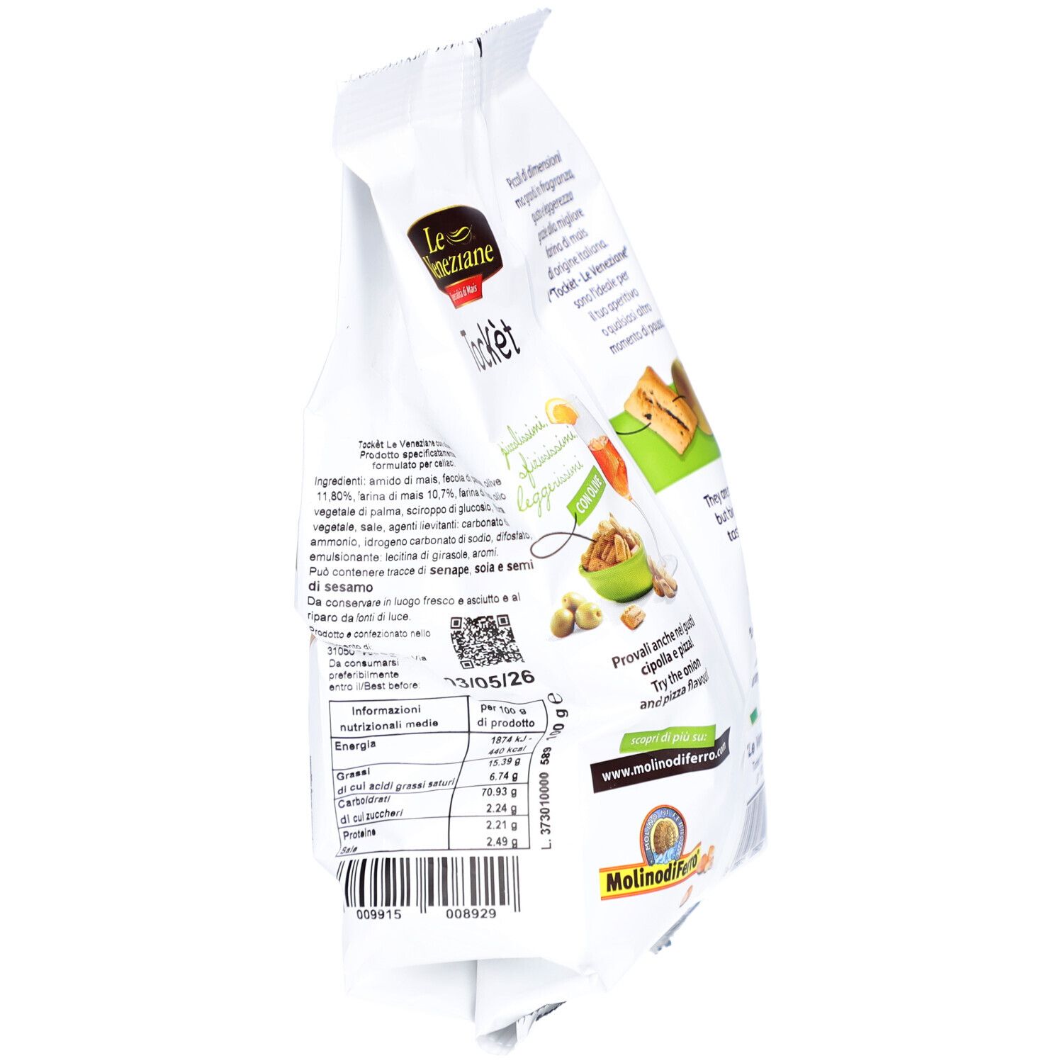 Dos du paquet de Tockèt, bâtonnets de maïs sans gluten aux olives. Marque Le Veneziane. Texte et illustrations.