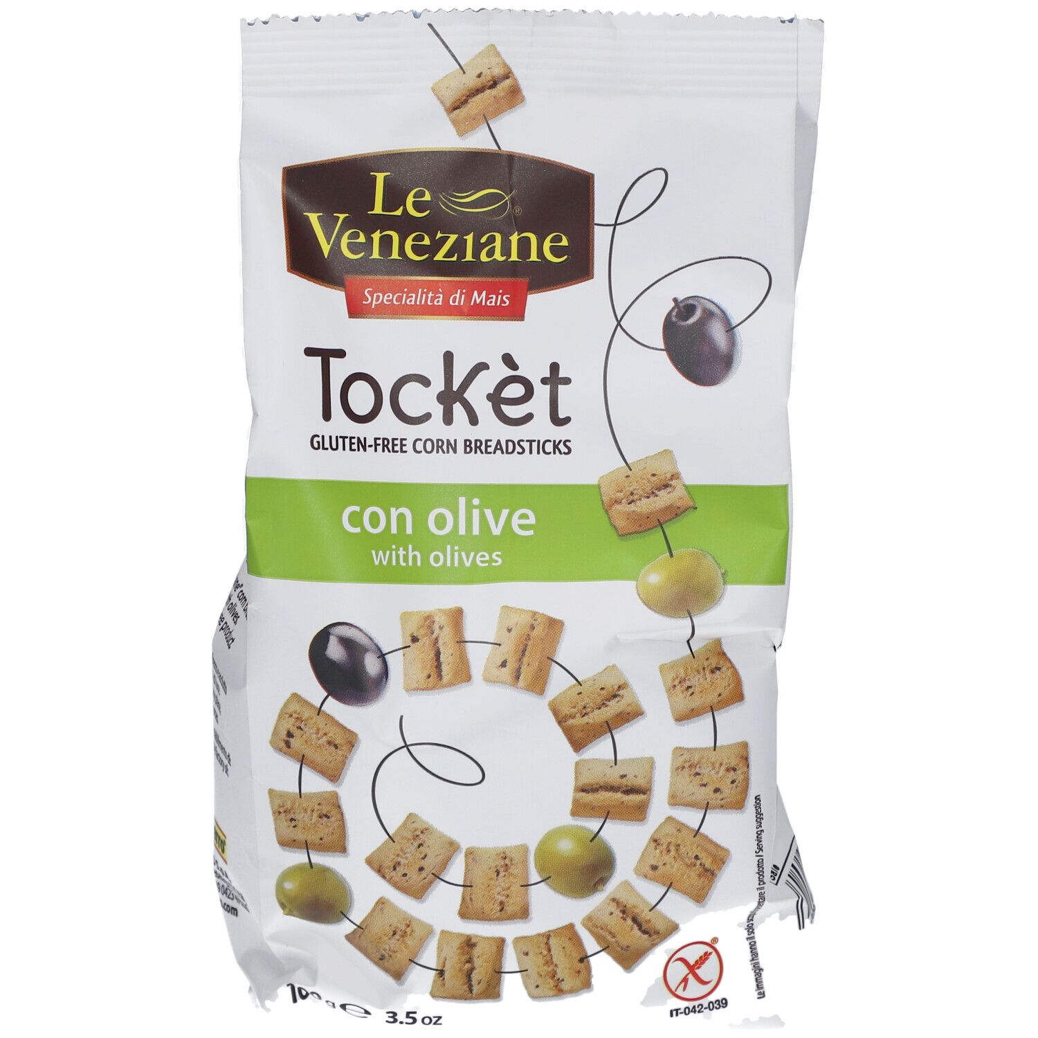 Paquet de Tockèt, bâtonnets de maïs sans gluten aux olives. Marque Le Veneziane. Nom du produit et olives visibles.
