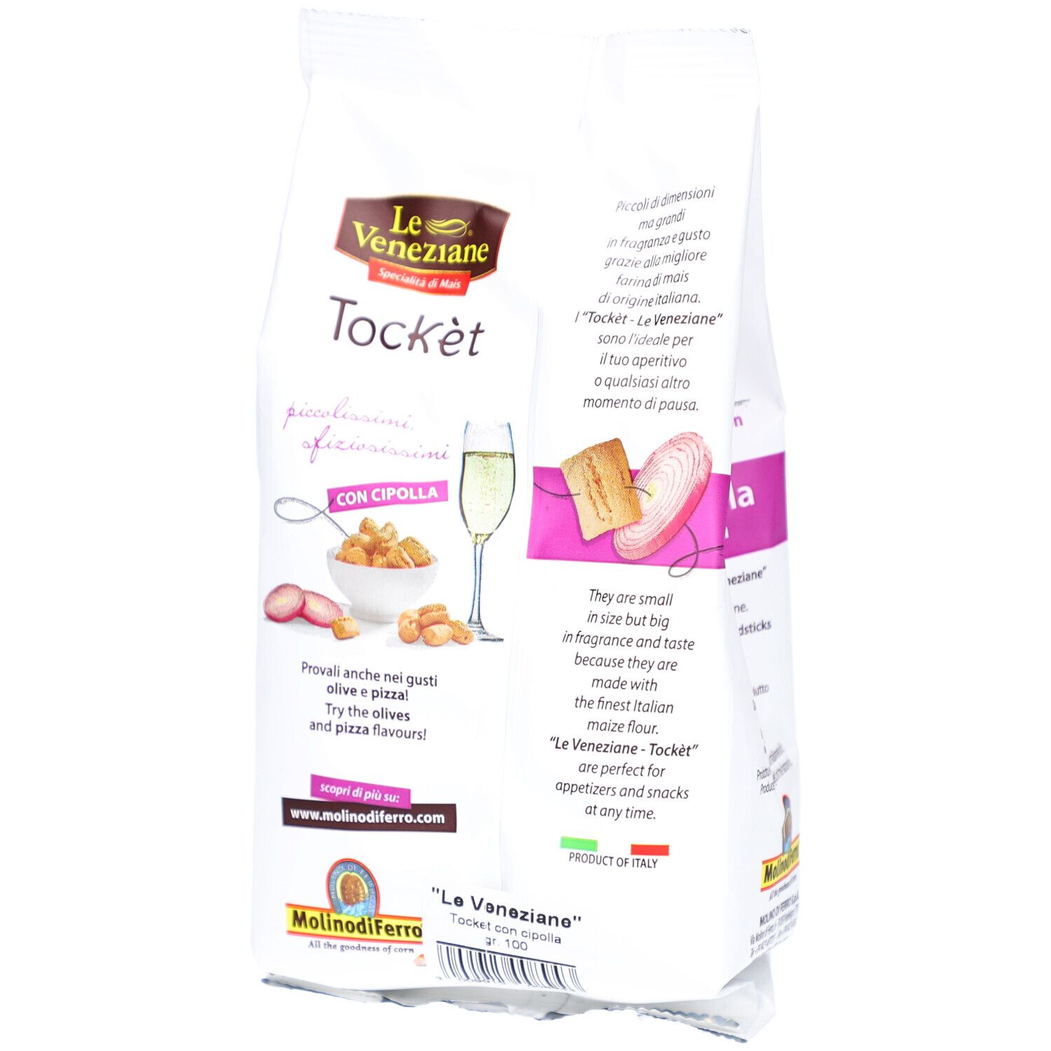 Dos du paquet Le Veneziane Tockèt Glutenfrei Zwiebelgeschmack. Texte et image du produit sur fond blanc.