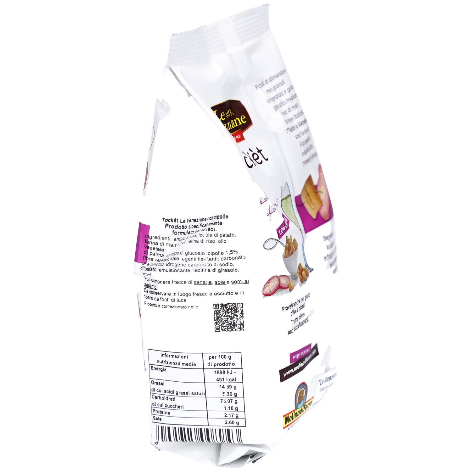 Vue latérale du paquet Le Veneziane Tockèt Glutenfrei Zwiebelgeschmack. Informations nutritionnelles et texte sur fond blanc.