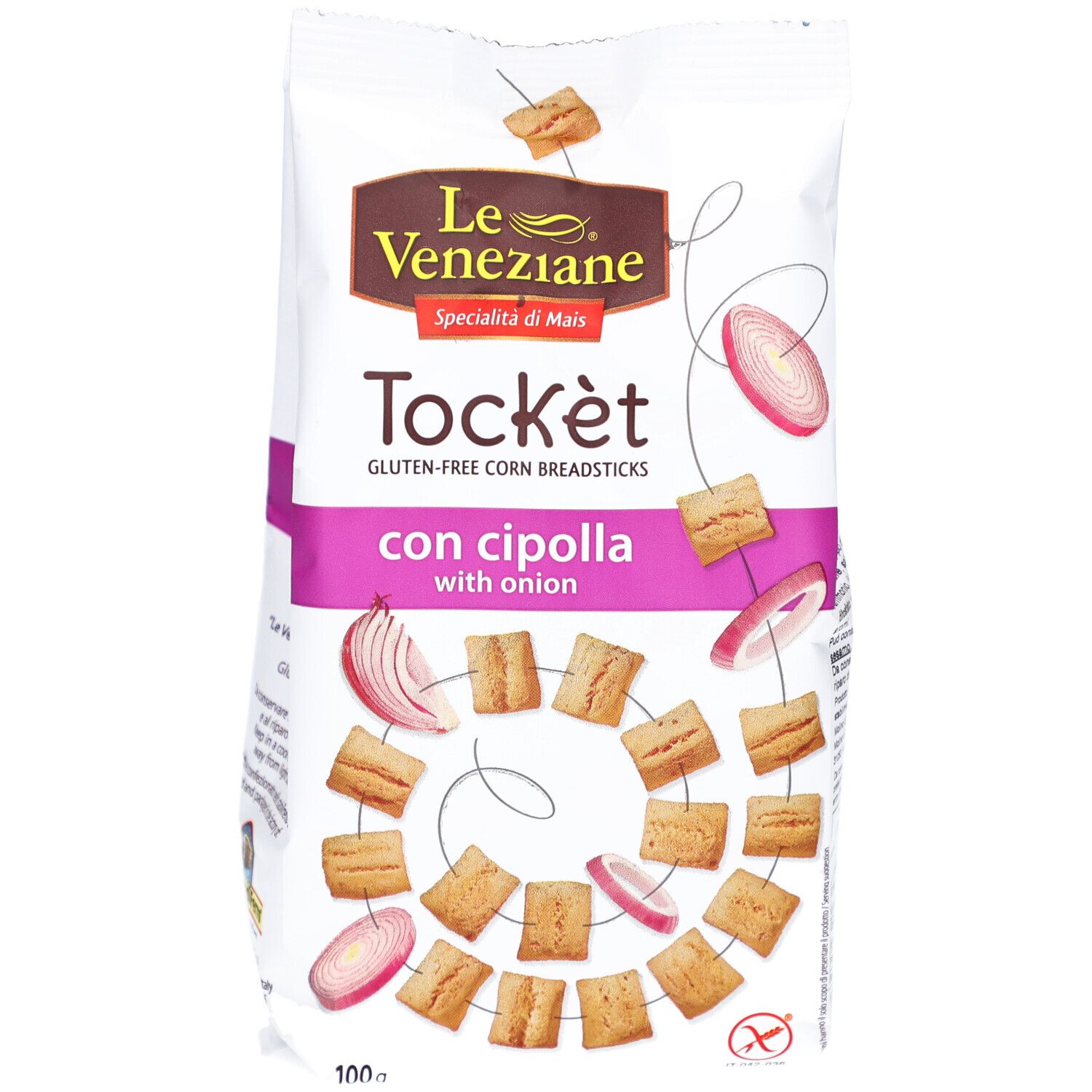 Paquet Le Veneziane Tockèt Glutenfrei Zwiebelgeschmack. Sachet blanc avec image et texte du produit. Sans gluten.