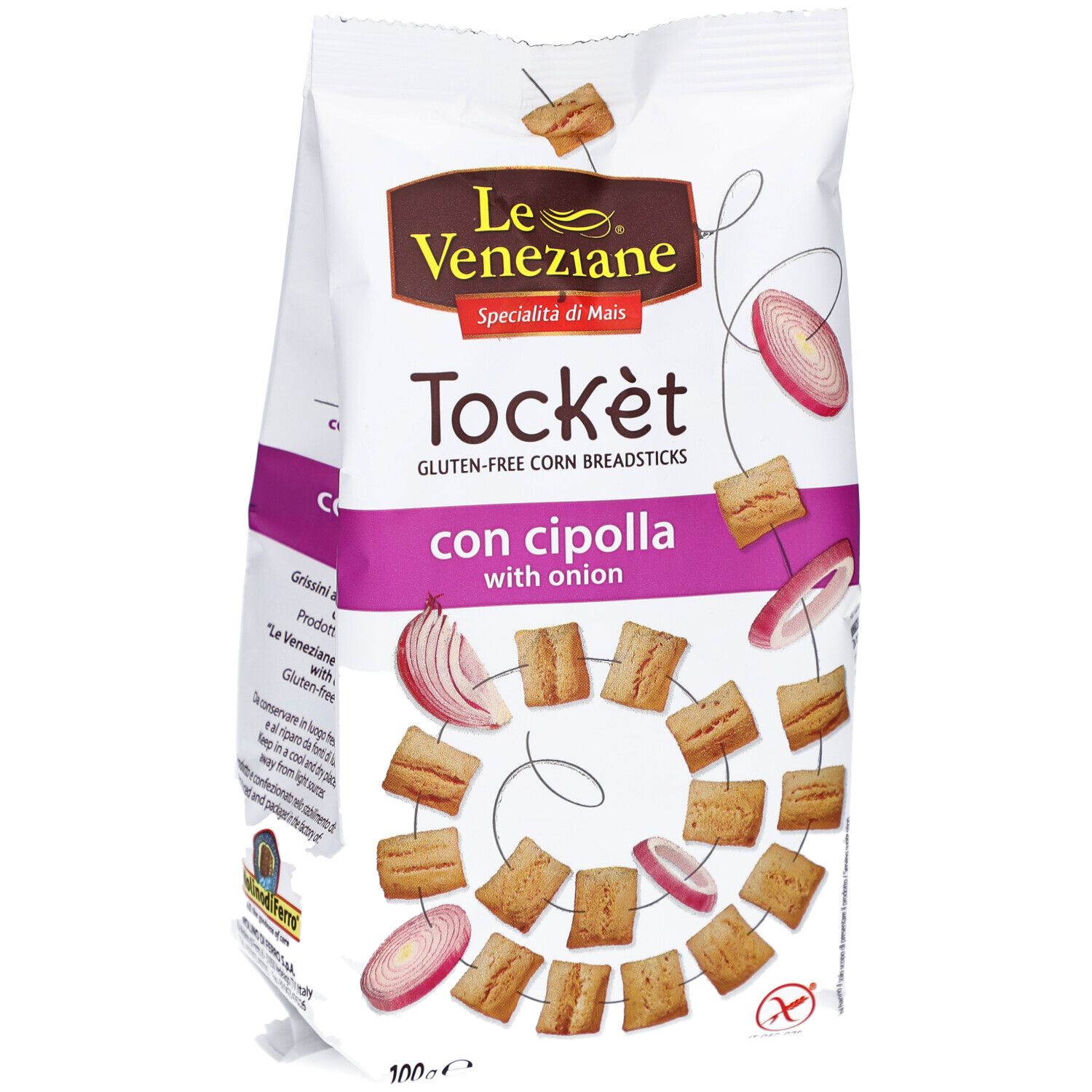 Paquet Le Veneziane Tockèt Glutenfrei Zwiebelgeschmack. Sachet blanc avec image et texte du produit. Sans gluten.