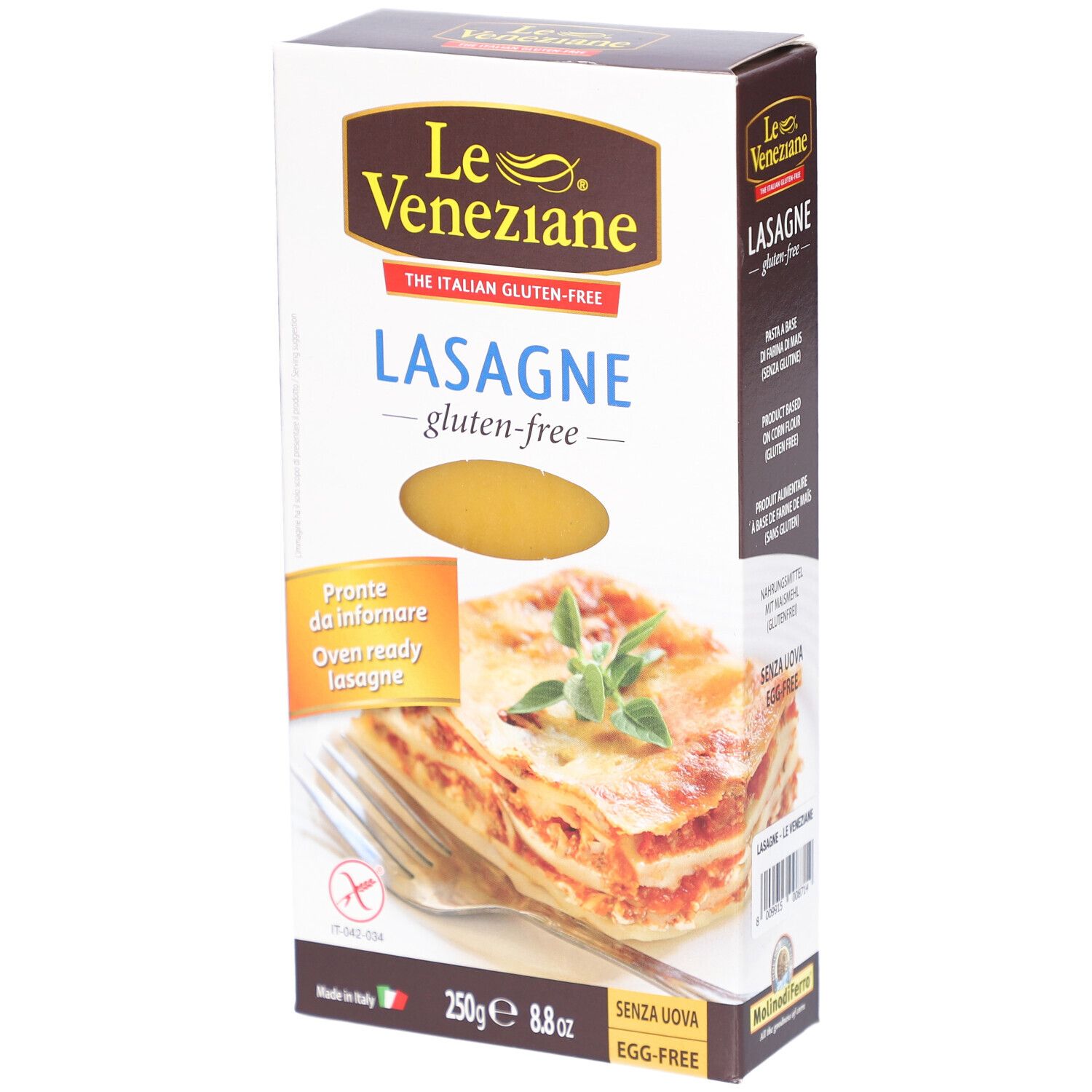 Boîte de lasagnes Le Veneziane sans gluten. Présente le plat de lasagnes et les informations sur le produit. 250g, sans gluten, sans œufs.