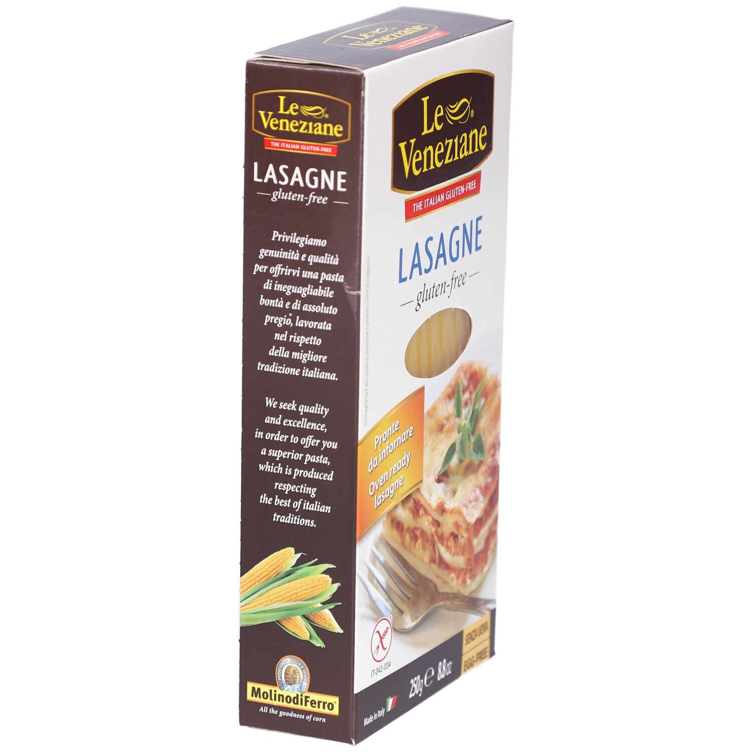 Boîte de lasagnes Le Veneziane sans gluten. Présente le plat de lasagnes et les informations sur le produit. Sans gluten, sans œufs. Maïs.